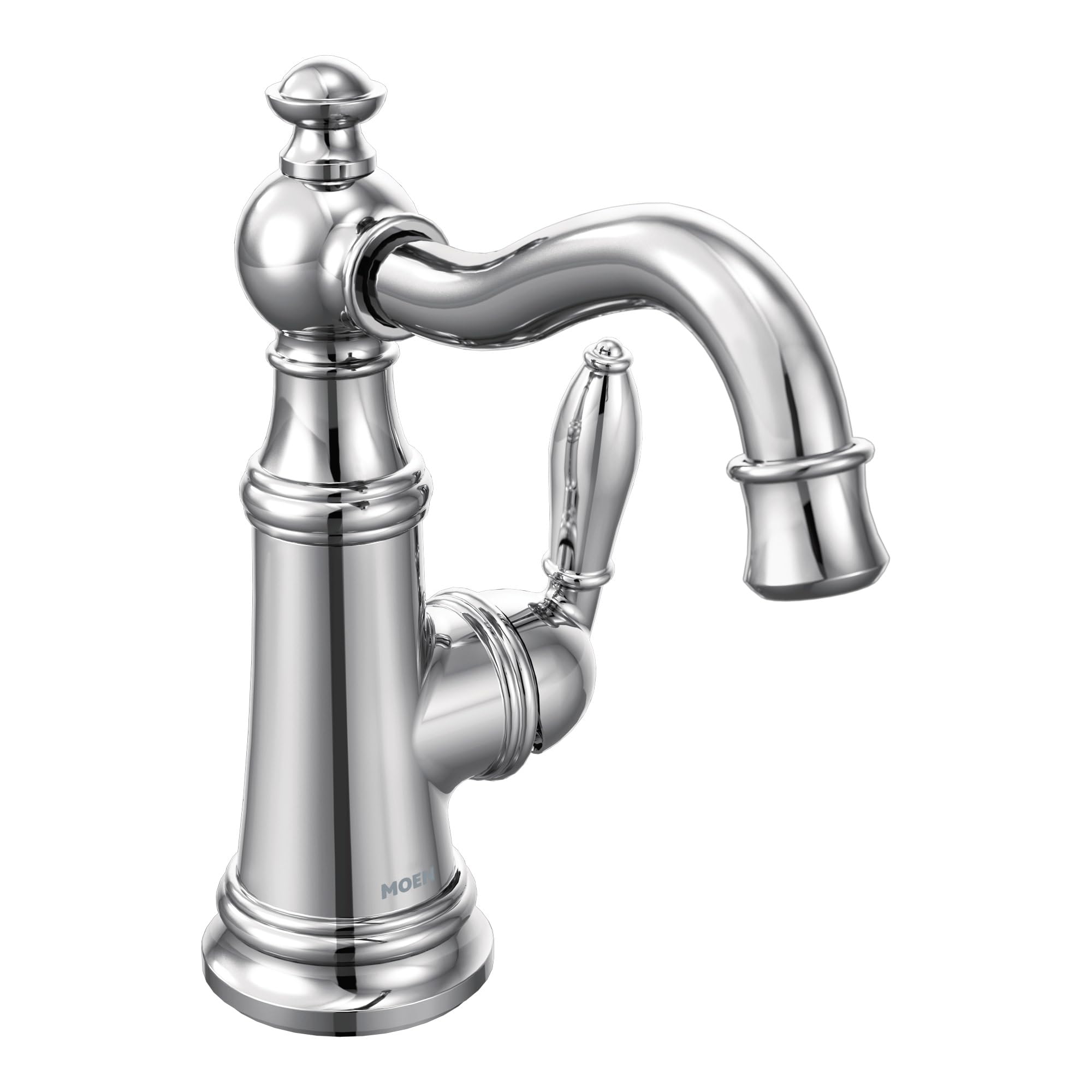 Chrome single-handle bathroom sink faucet with curved spout and traditional ball-shaped handle on cylindrical base.
