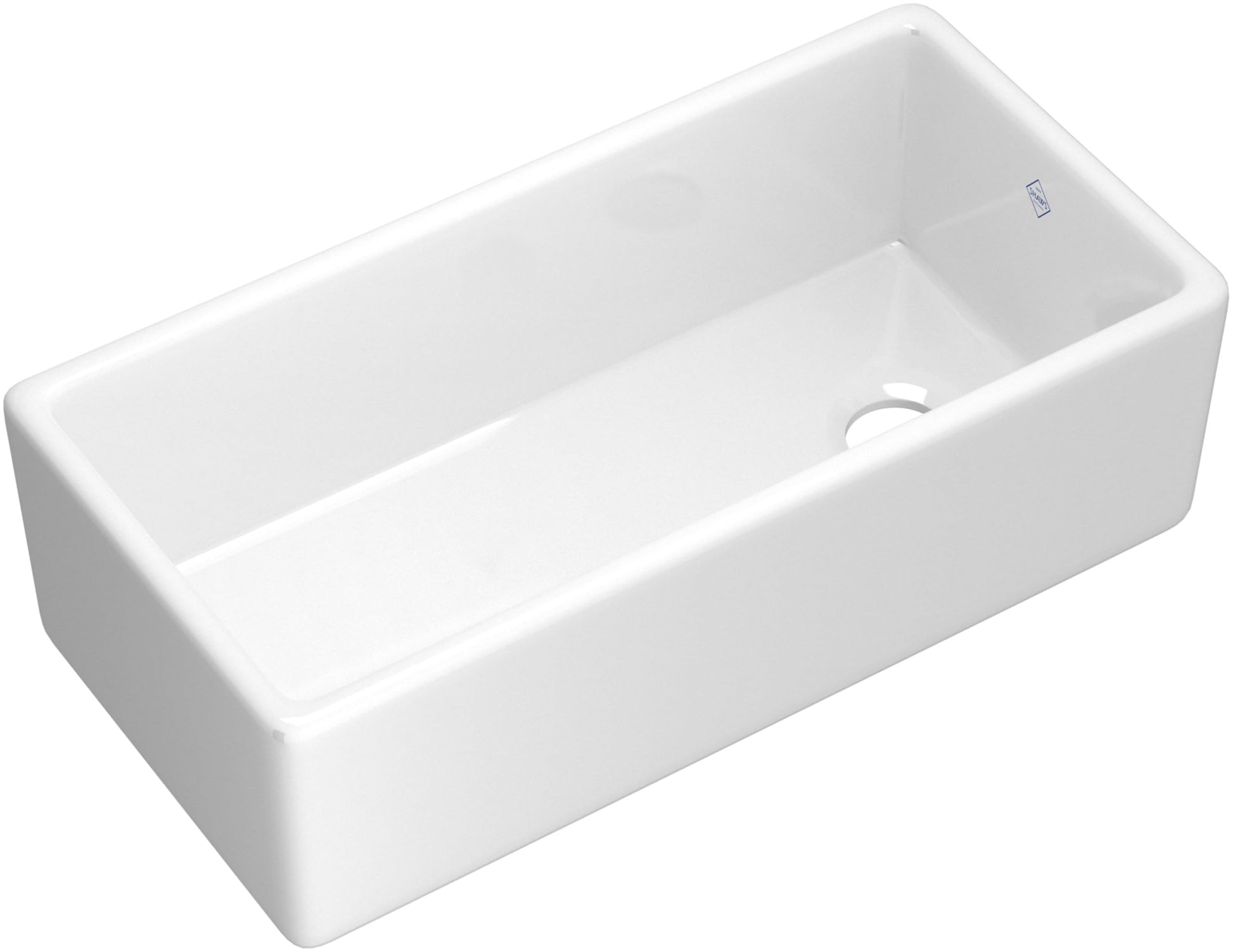 White fireclay farmhouse apron front kitchen sink with single bowl and drain opening.