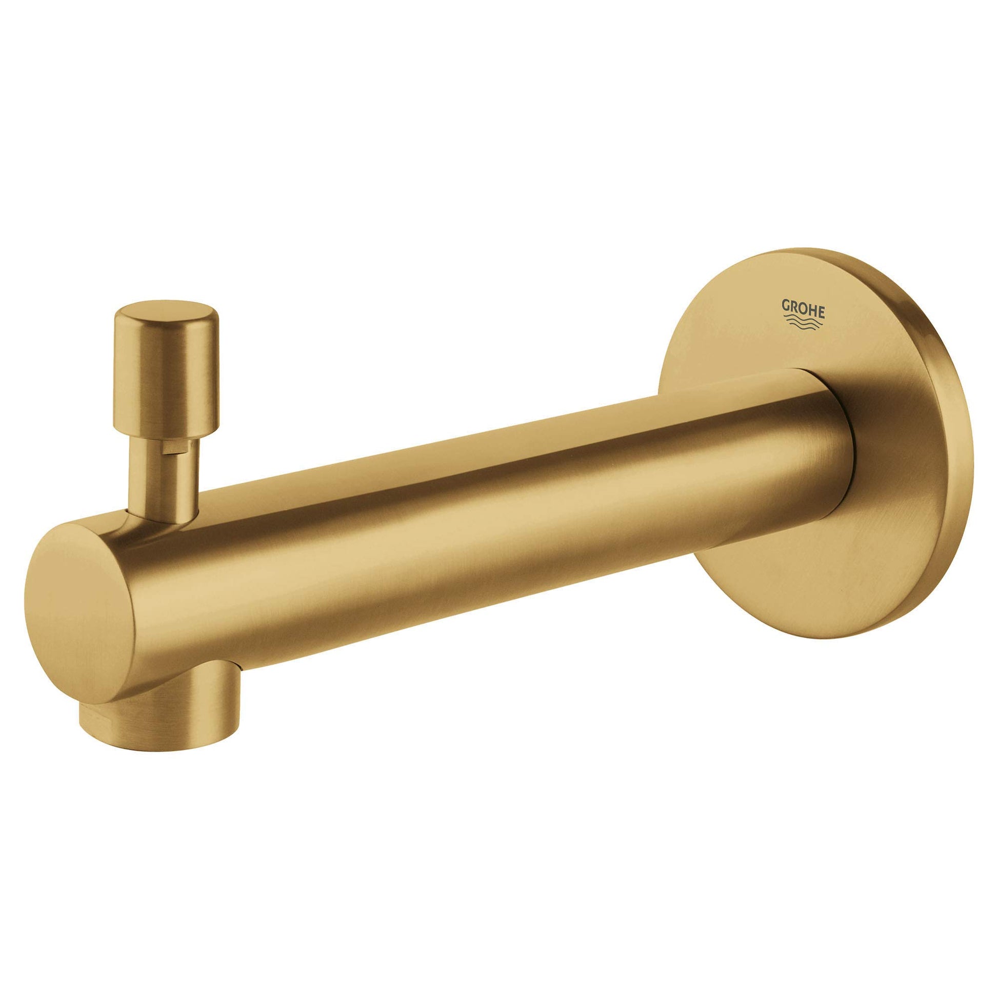 Brushed gold cylindrical tub spout with diverter lever and wall-mounted circular escutcheon plate.