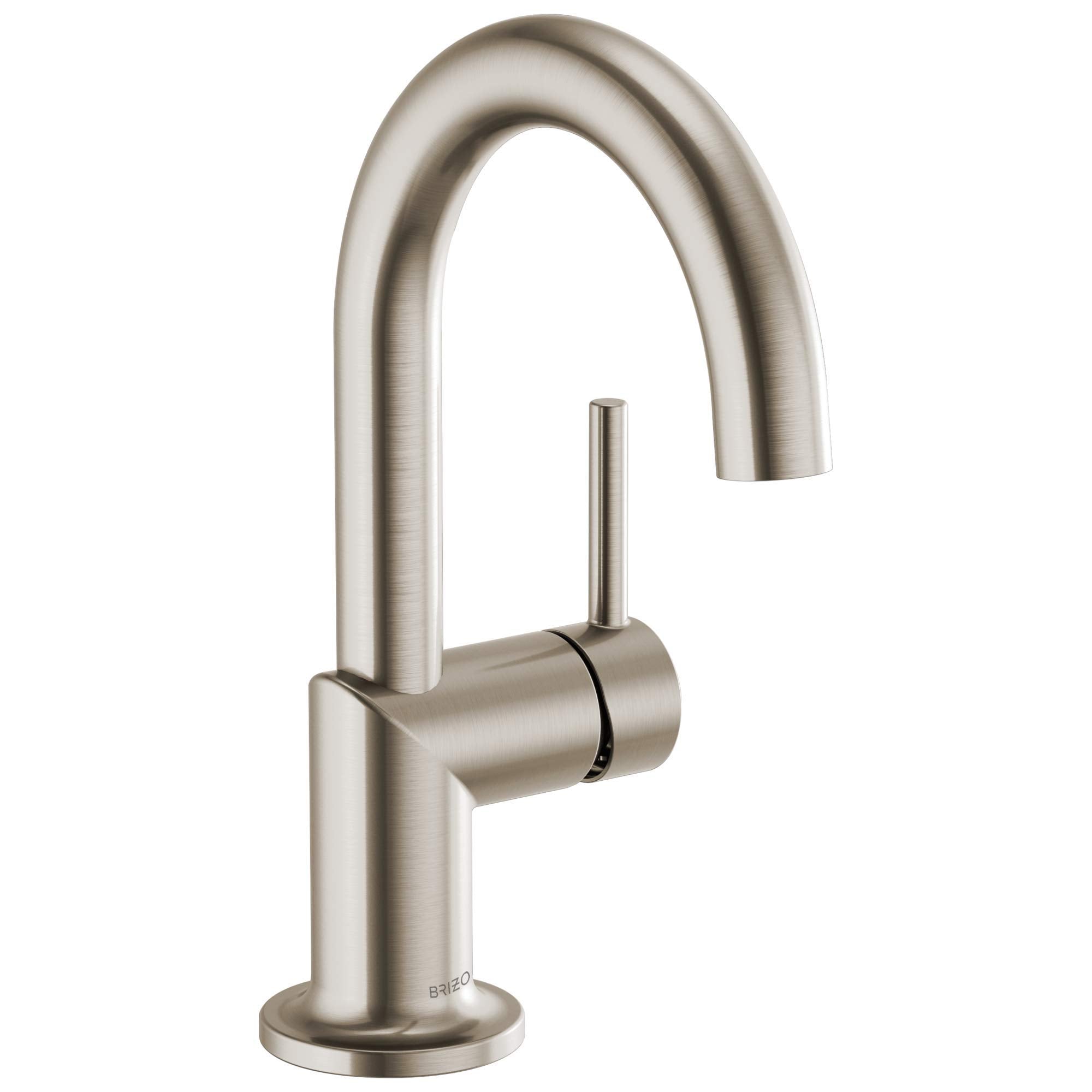 Brushed nickel single-handle bathroom faucet with curved spout and cylindrical handle on round base.