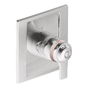 Chrome thermostatic shower valve trim with single lever handle and square escutcheon plate.