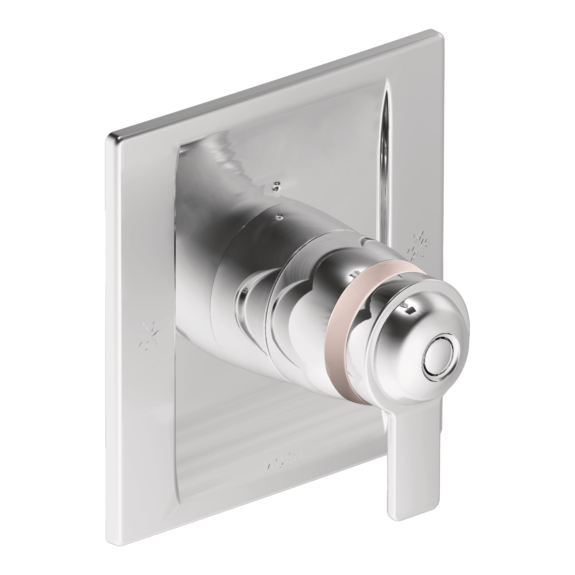 Chrome thermostatic shower valve trim with single lever handle and square escutcheon plate.