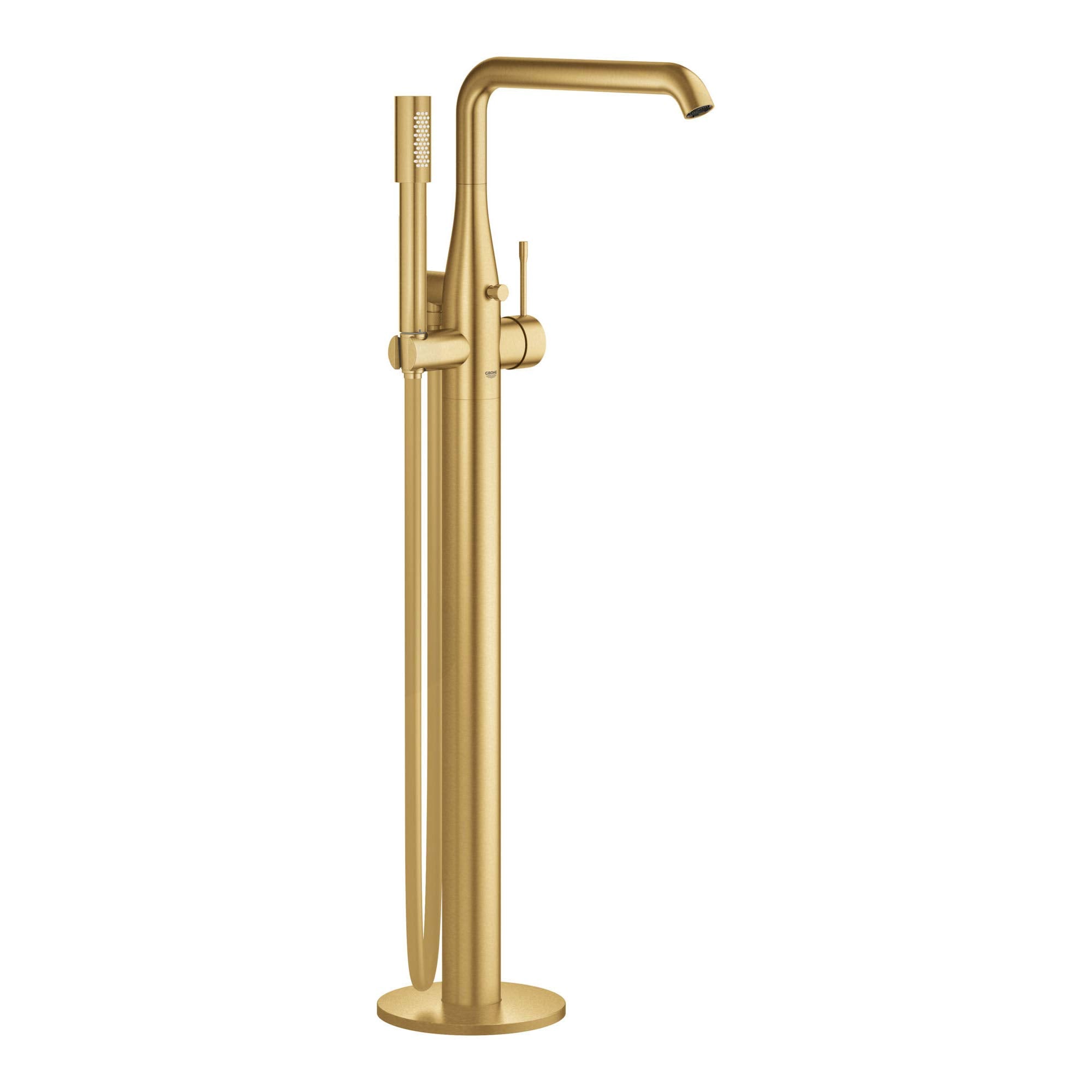 Brushed gold freestanding tub faucet with curved spout, single handle, and handheld shower wand attached to vertical stand.