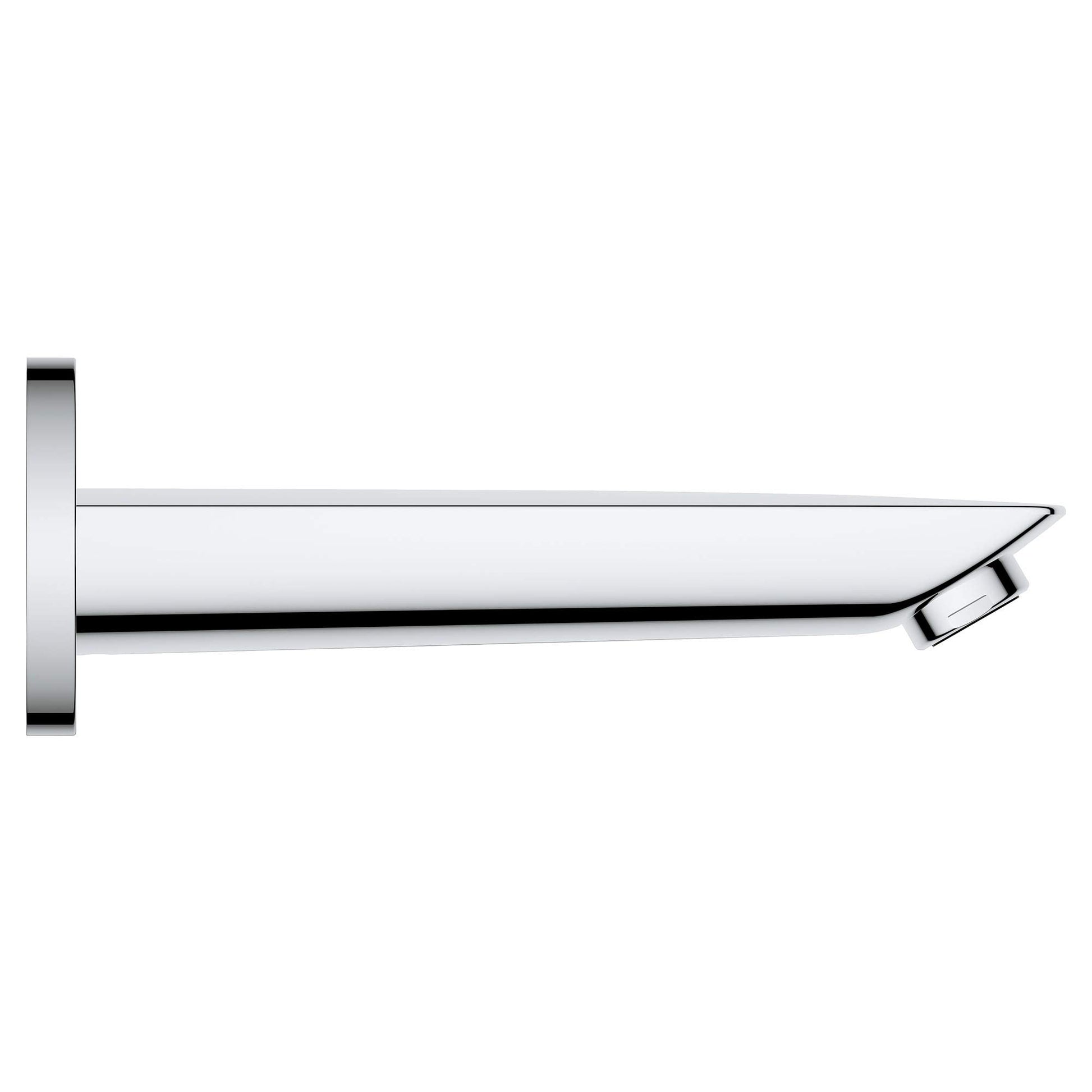 Chrome tub spout with wall-mounted flange and angled outlet nozzle.