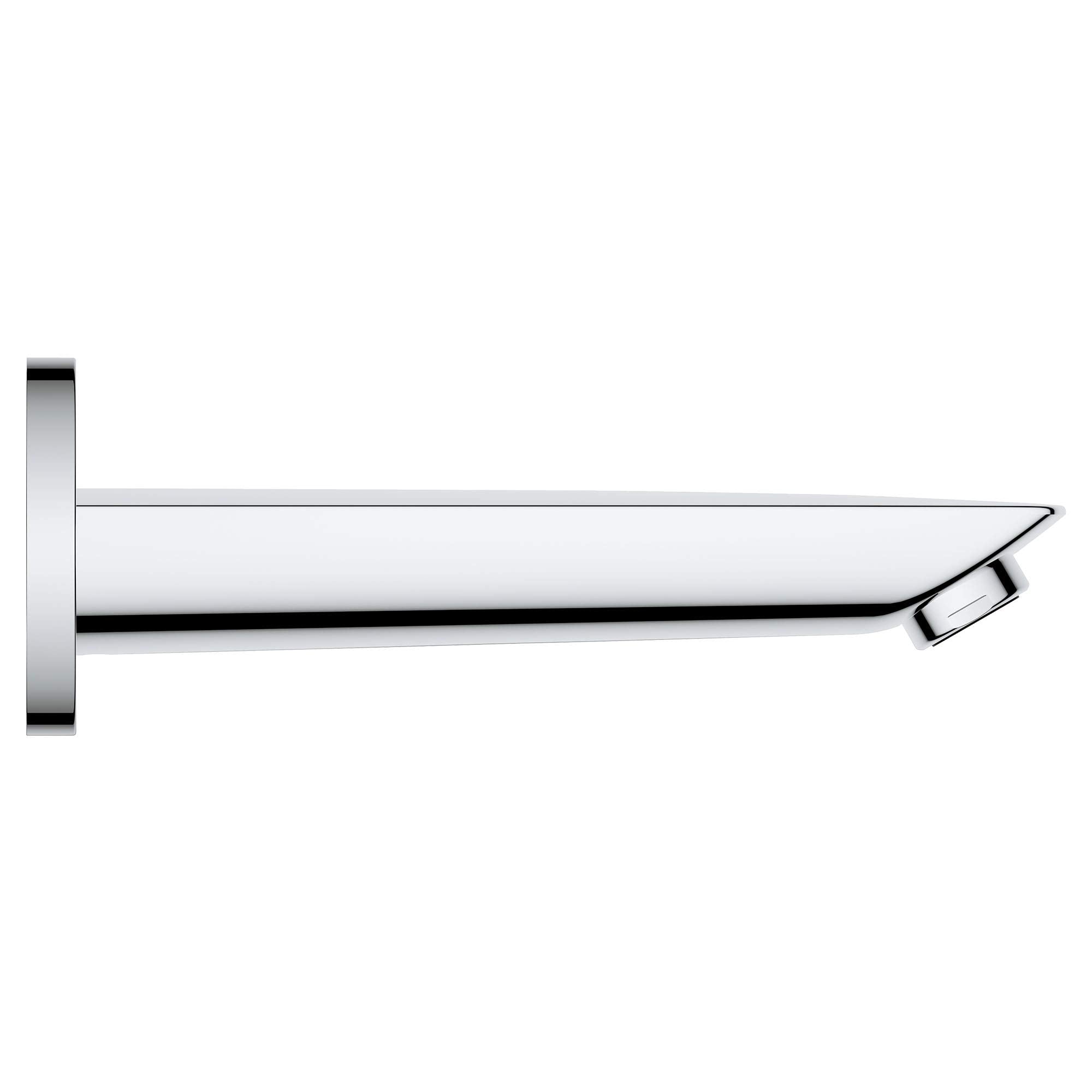 Chrome tub spout with wall-mounted flange and angled outlet nozzle.