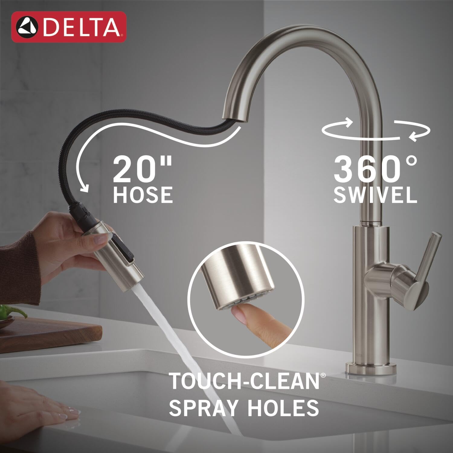 Stainless steel single-handle pull-down kitchen faucet with curved spout, 20-inch hose, and 360-degree swivel.