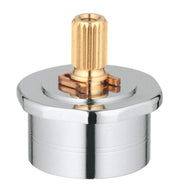 Chrome spindle extension with brass knurled stem and internal threading mechanism for Grohe faucet repair.