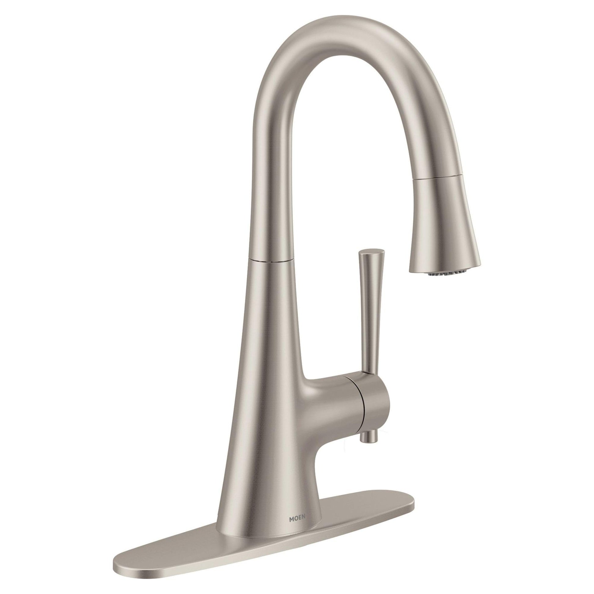 Stainless steel pulldown bar faucet with single handle and curved spout on rectangular base.