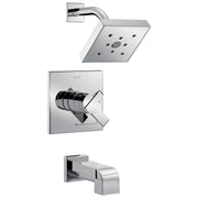 Chrome shower trim kit with square showerhead, wall-mounted valve control, and tub spout.