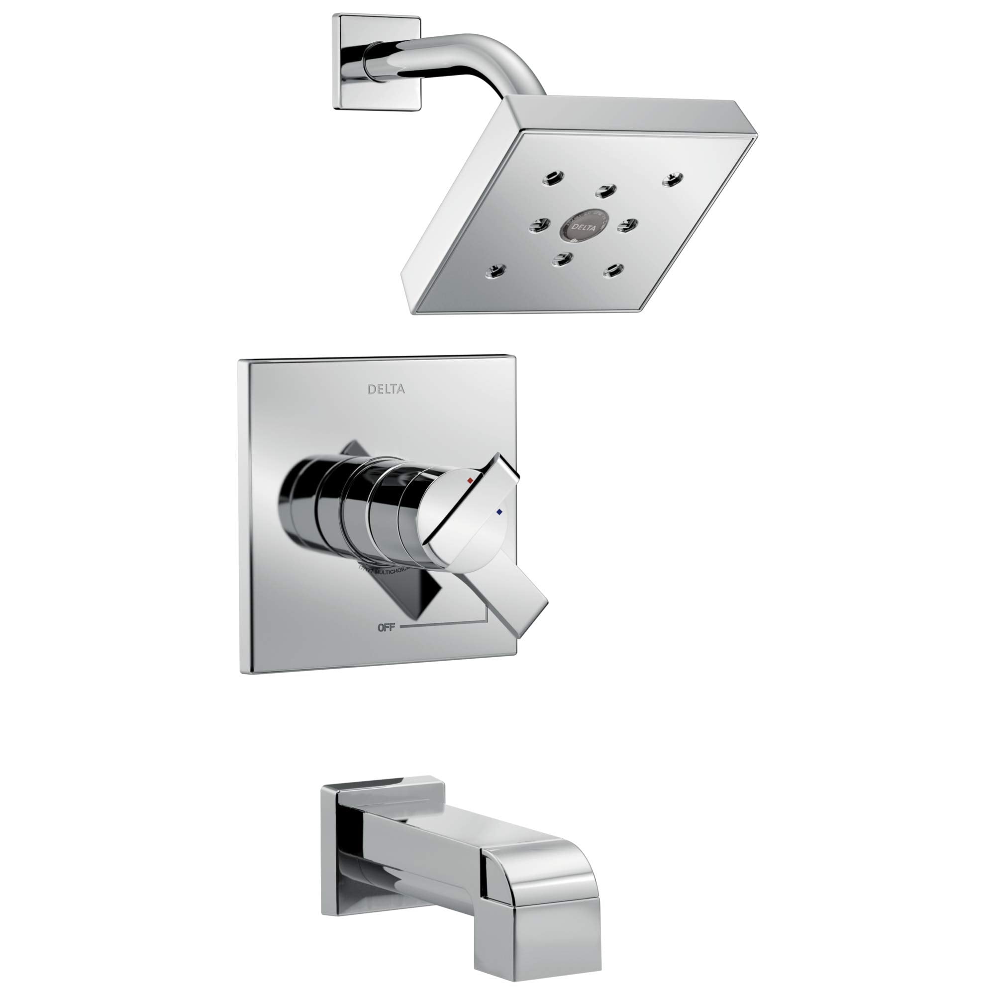 Chrome shower trim kit with square showerhead, wall-mounted valve control, and tub spout.