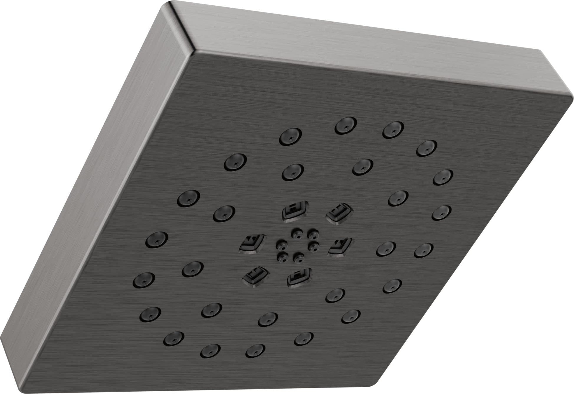 Square brushed nickel shower head with multiple circular jets and center spray outlets arranged in a grid pattern.