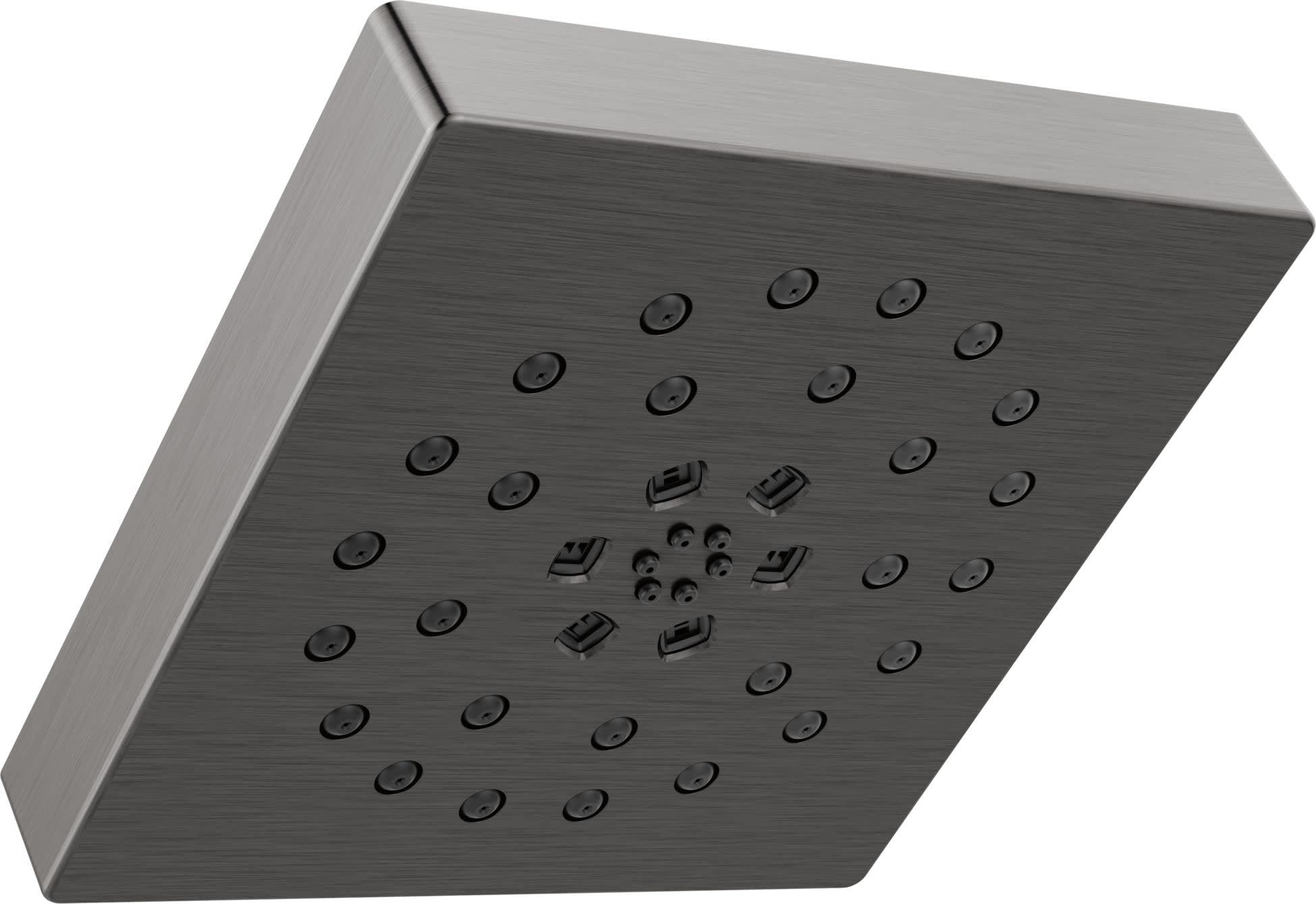 Square brushed nickel shower head with multiple circular jets and center spray outlets arranged in a grid pattern.