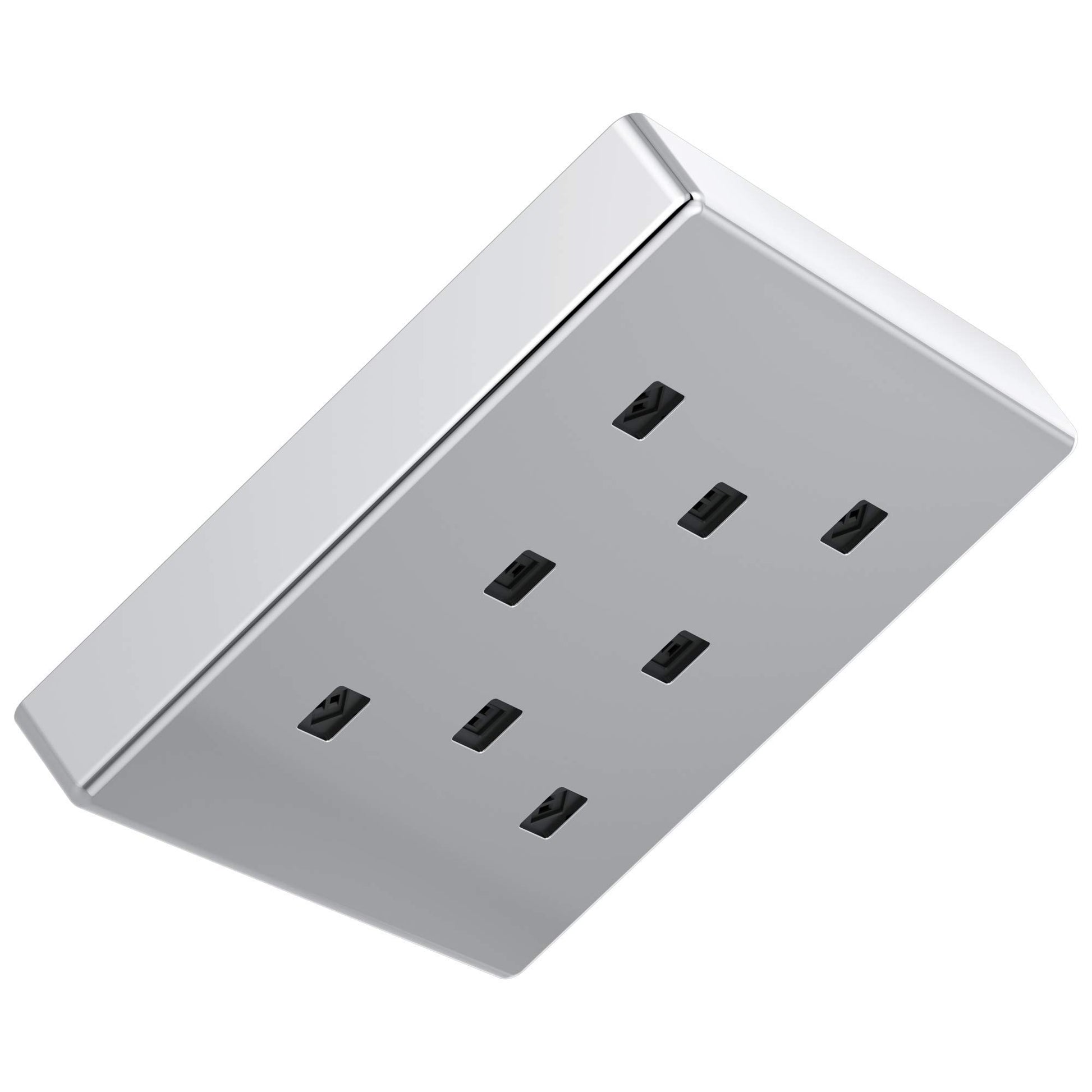Square metal raincan shower head with multiple small water jets arranged across the surface.
