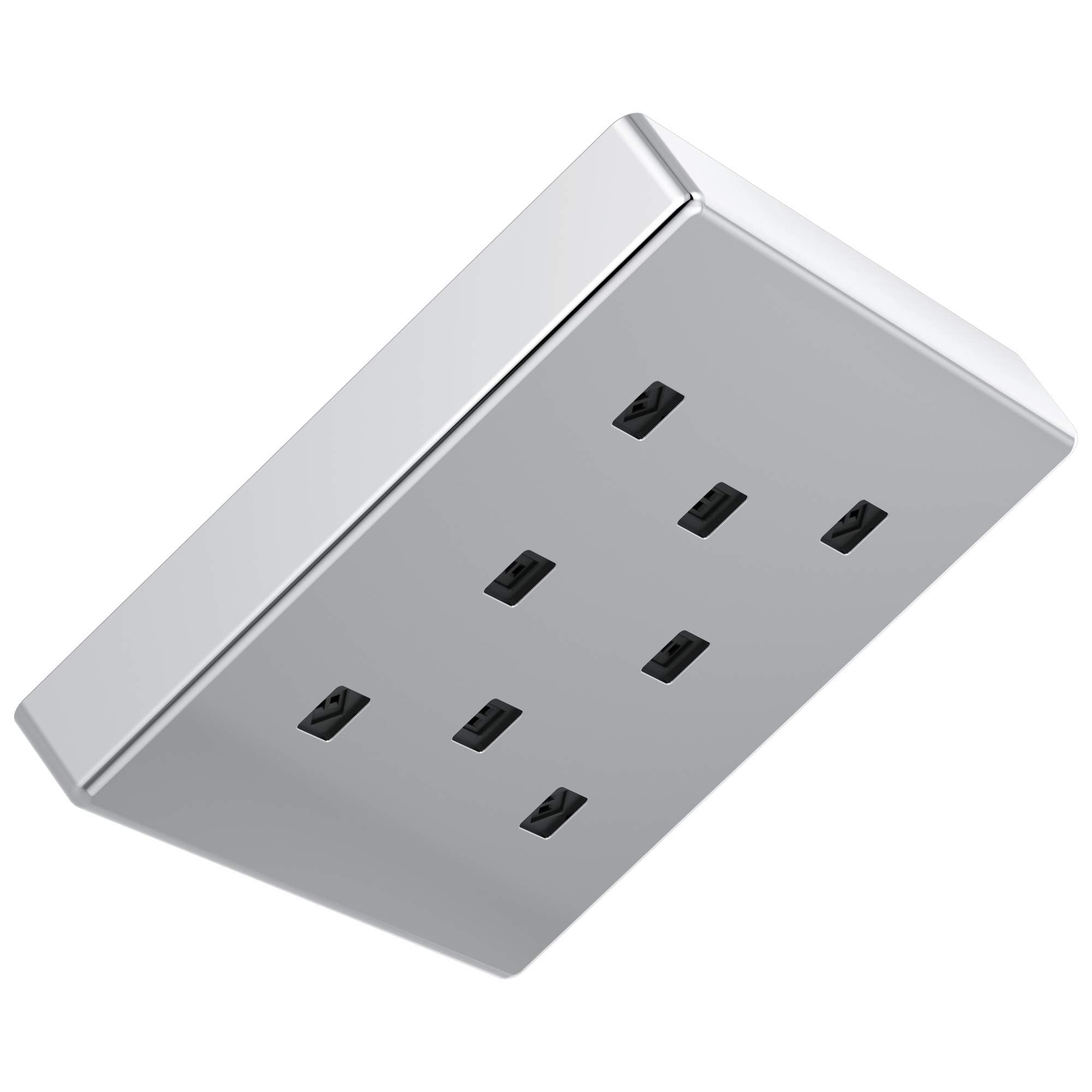 Square metal raincan shower head with multiple small water jets arranged across the surface.