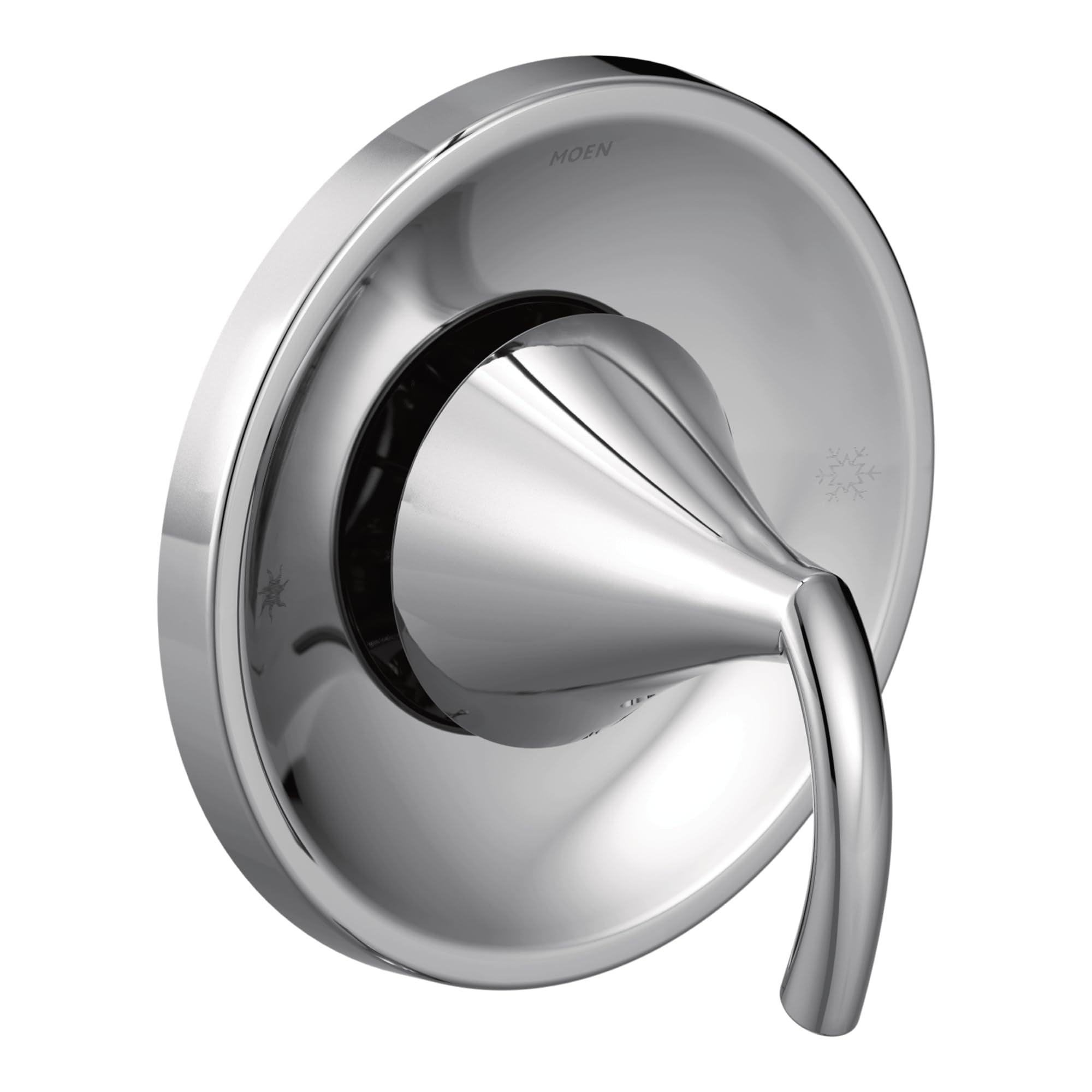 Chrome shower valve trim kit with single lever handle and round escutcheon plate.