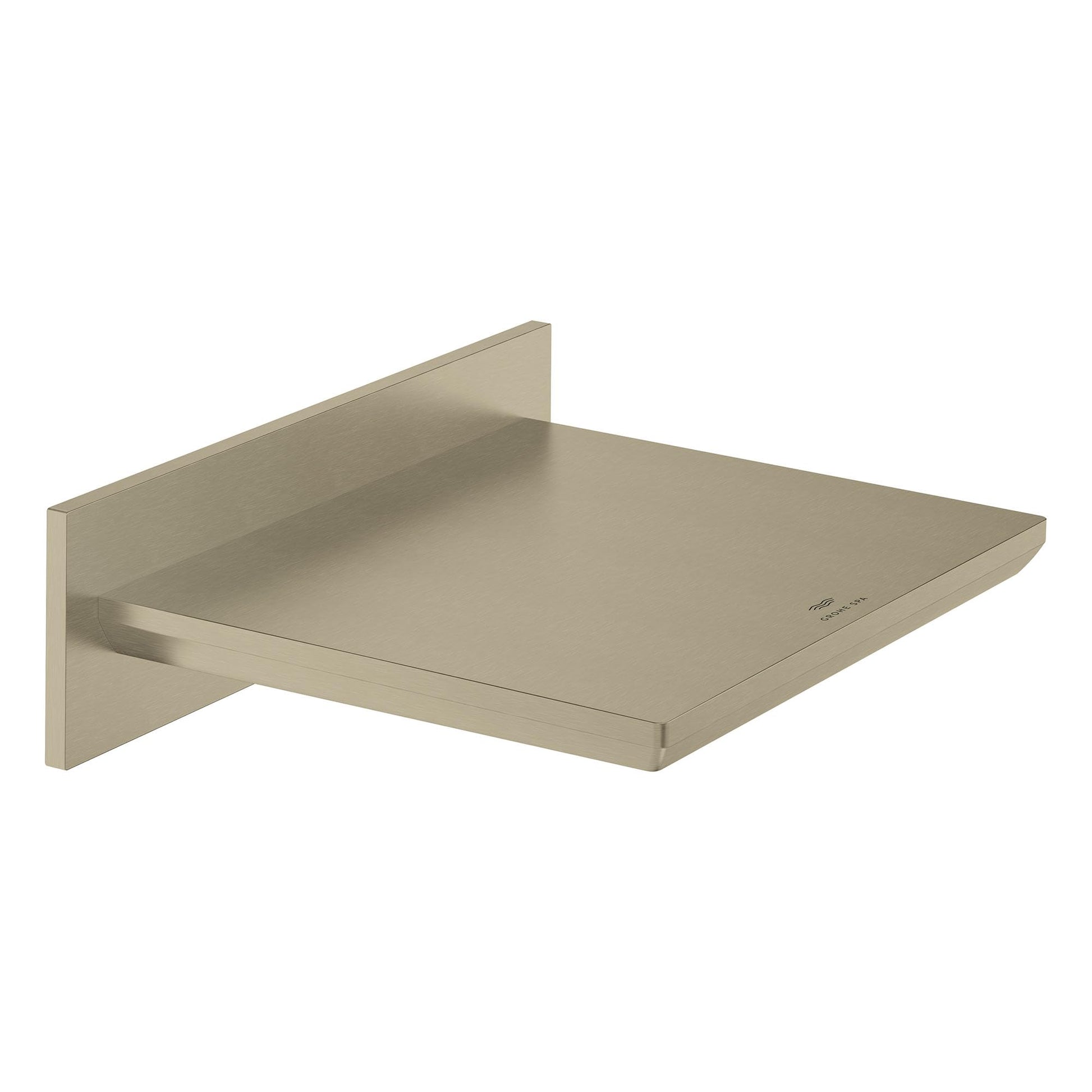 Brushed nickel wall-mounted waterfall tub spout with a wide rectangular outlet and vertical mounting flange.