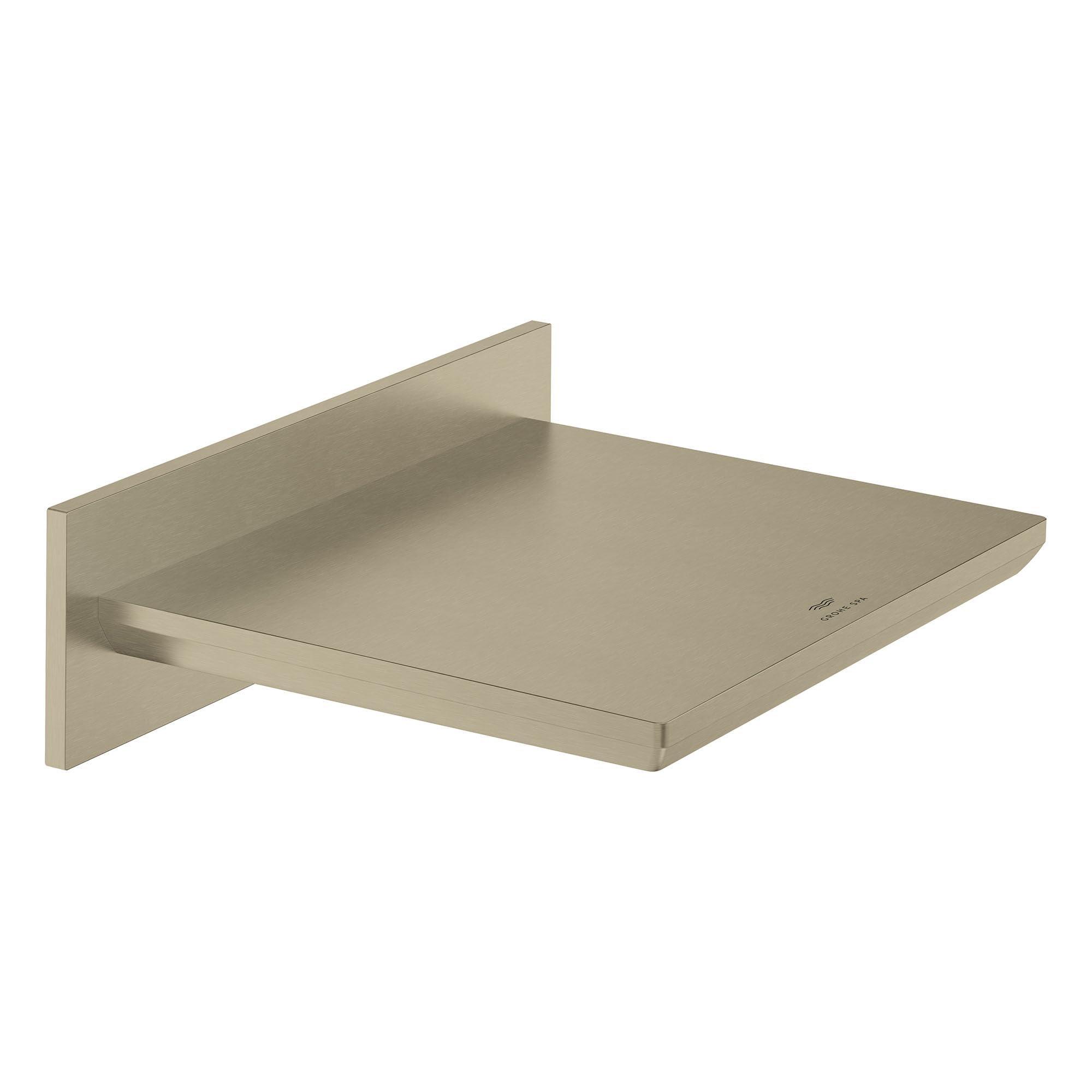 Brushed nickel wall-mounted waterfall tub spout with a wide rectangular outlet and vertical mounting flange.