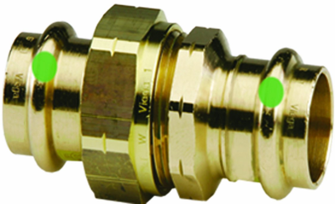 Bronze press union fitting with 3/4" connections and green indicator rings on each end.
