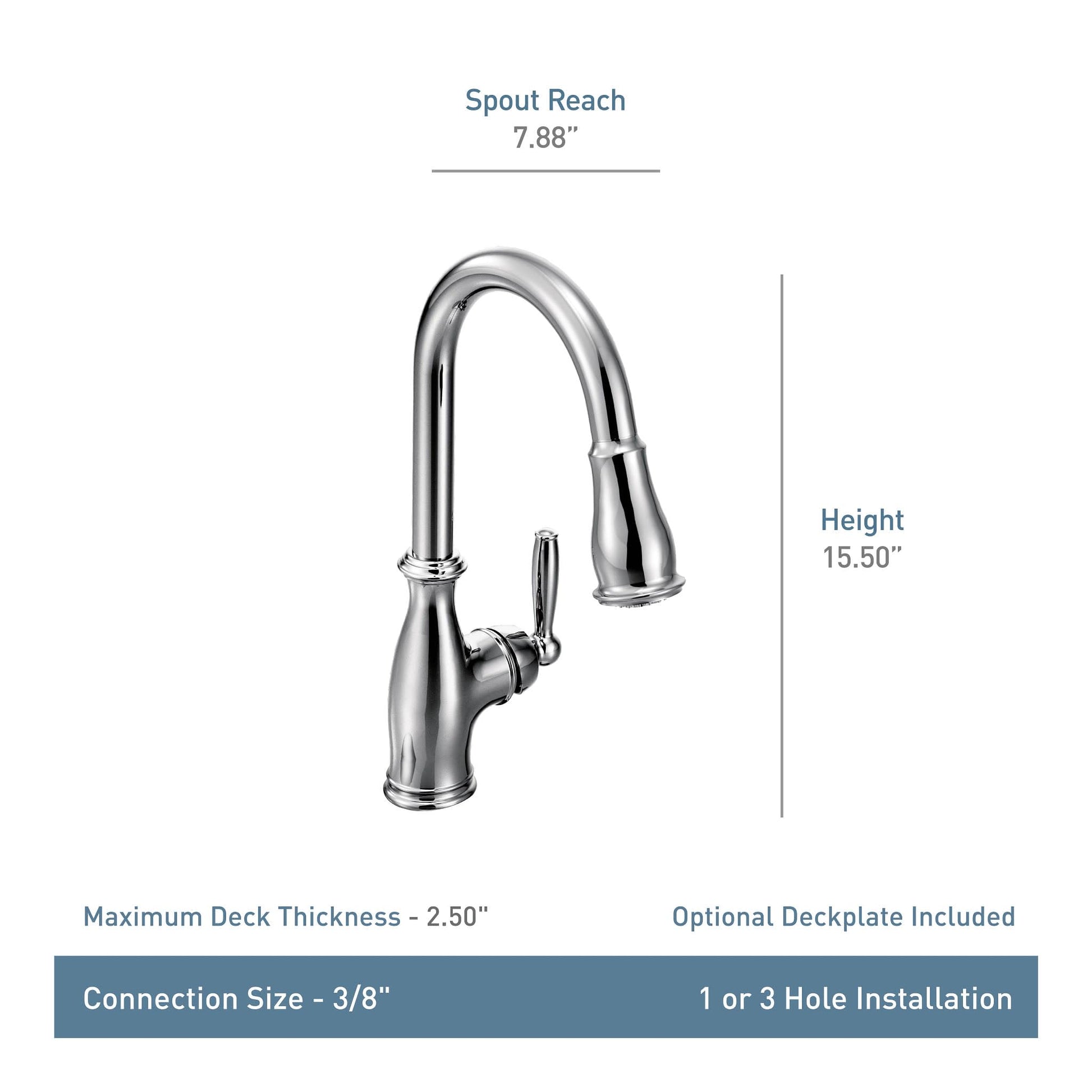 Moen Brantford stainless steel pull-down kitchen faucet with curved spout and side handle, 15.50" height.