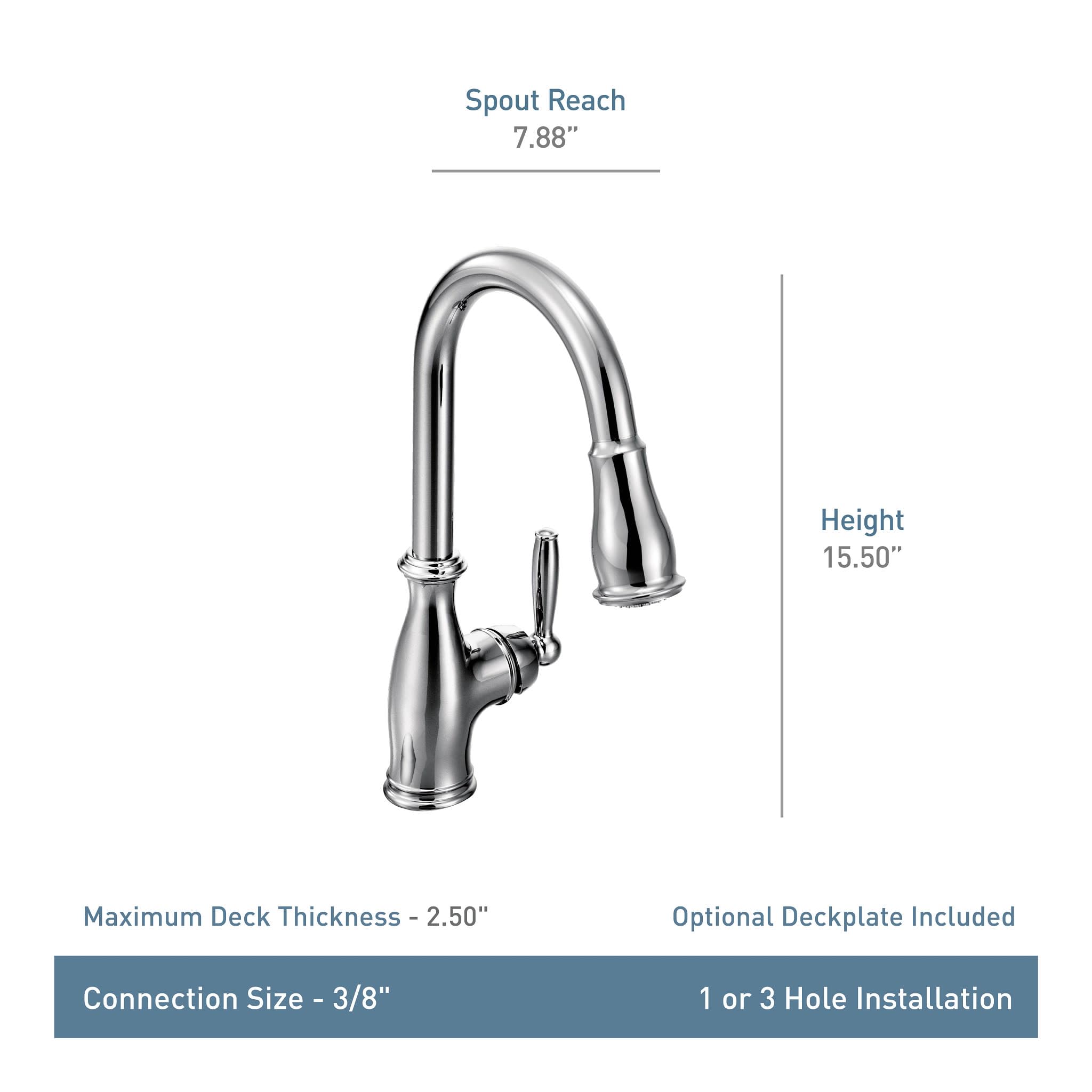 Moen Brantford stainless steel pull-down kitchen faucet with curved spout and side handle, 15.50" height.