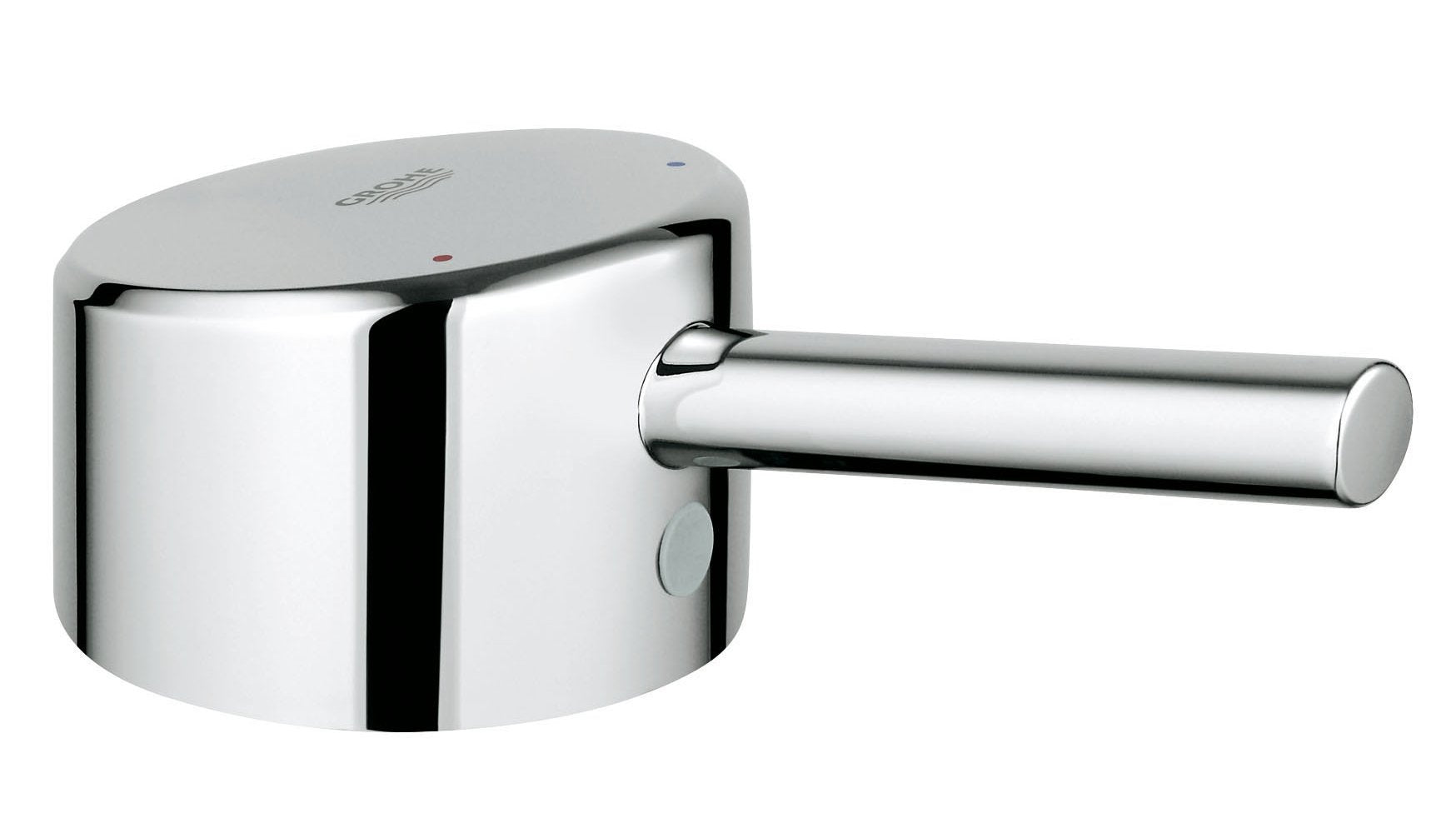 Chrome lever handle with cylindrical grip and rounded base mounting plate for faucet repair.