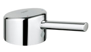 Chrome lever handle with cylindrical grip and rounded base mounting plate for faucet repair.