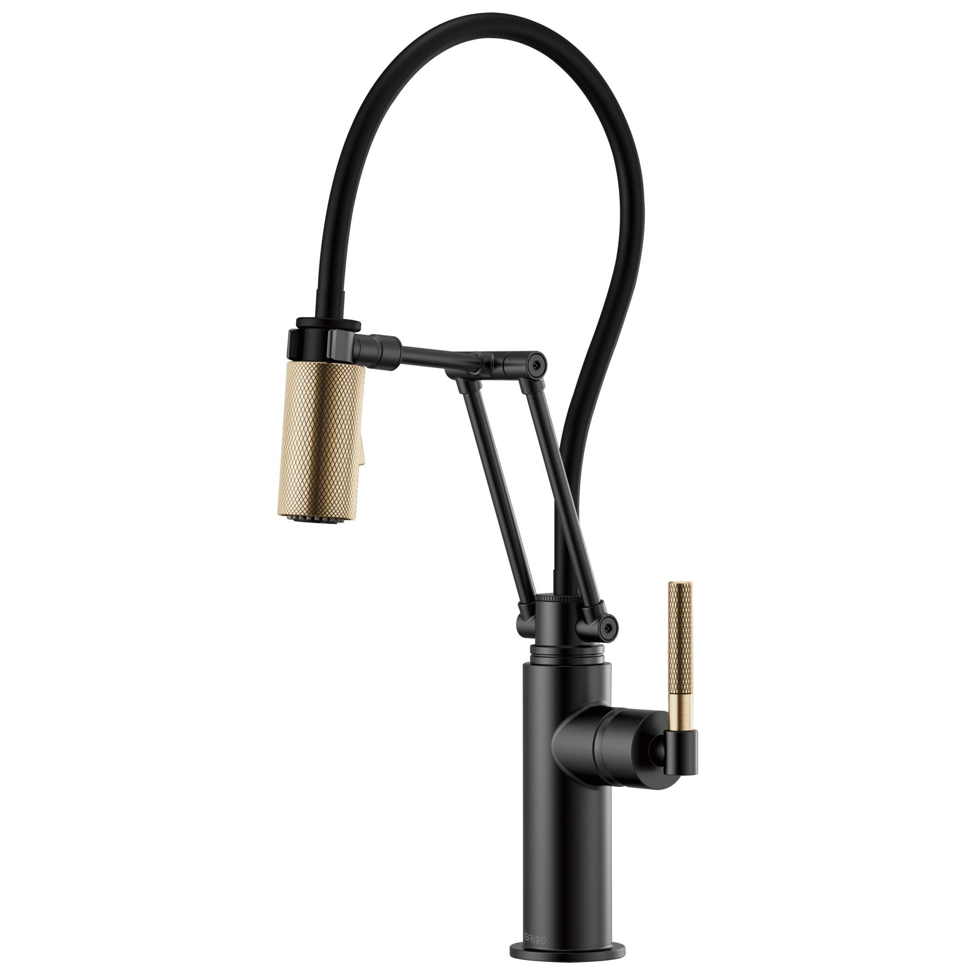 Black faucet with flexible hose spout, knurled handles in gold accents, and articulating arm design.