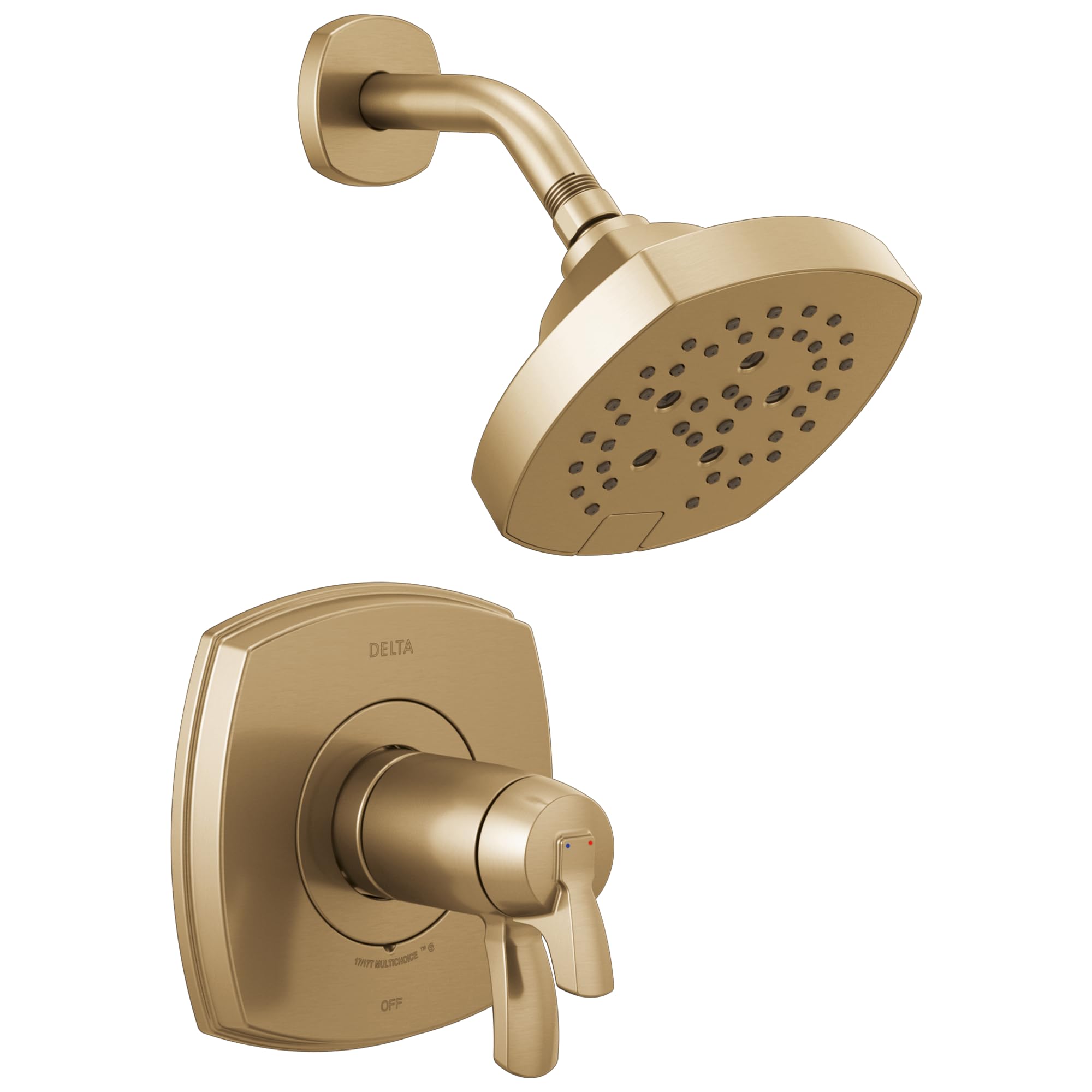 Champagne bronze thermostatic shower valve with square showerhead and curved arm, includes wall-mounted control handle.