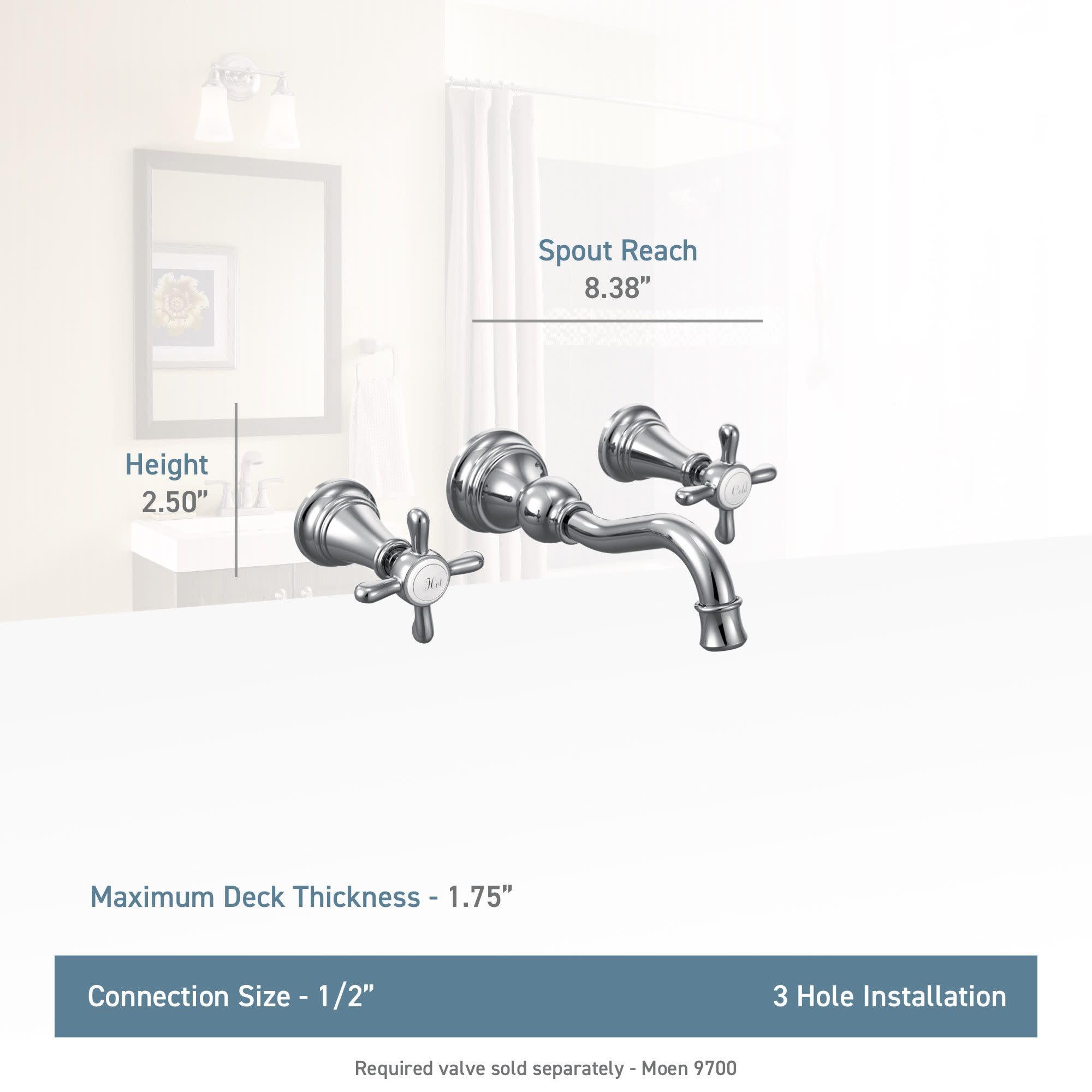 Matte black wall-mounted bathroom faucet trim with cross handles, curved spout, 8.38" reach, and 2.50" height.