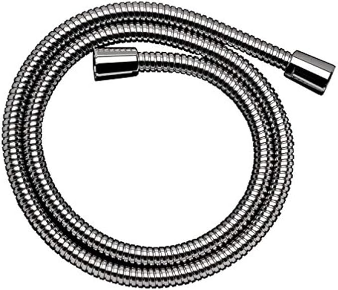 Chrome metal handshower hose with ribbed texture and connector fittings coiled on white background.