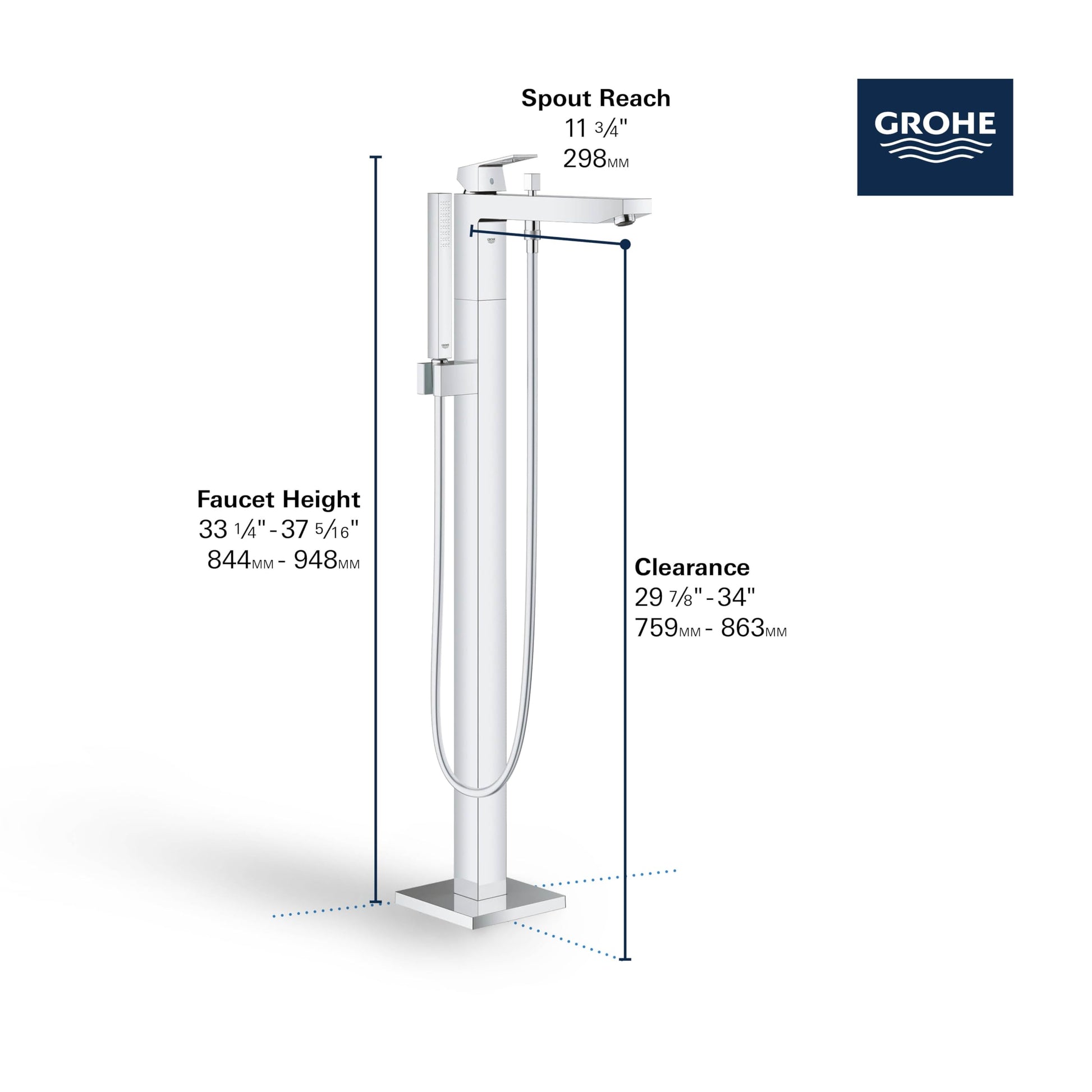 Grohe Eurocube matte black freestanding tub faucet with single handle and hand shower on curved supply line.