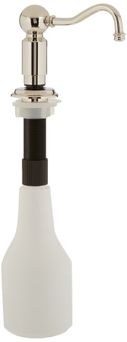 Polished nickel soap dispenser with curved spout, spherical pump head, and white ceramic reservoir bottle.