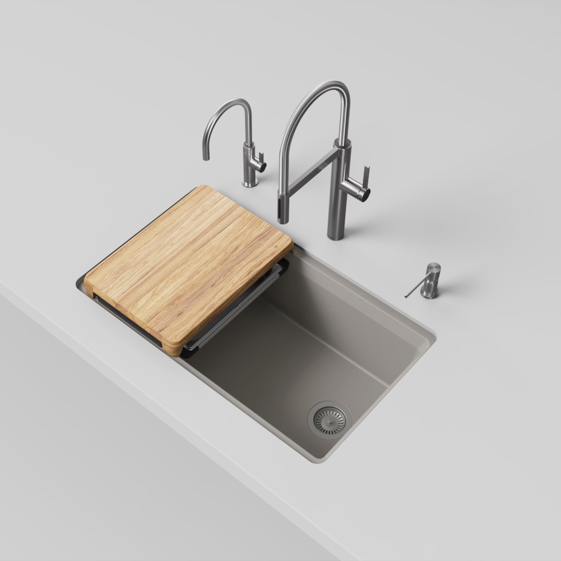 Truffle-colored single bowl kitchen sink with wooden cutting board, two faucets, and soap dispenser.