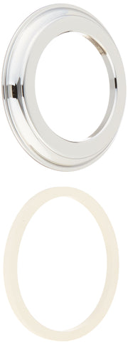 Chrome spout base with clear plastic collar and rubber gasket ring shown from front and side views.