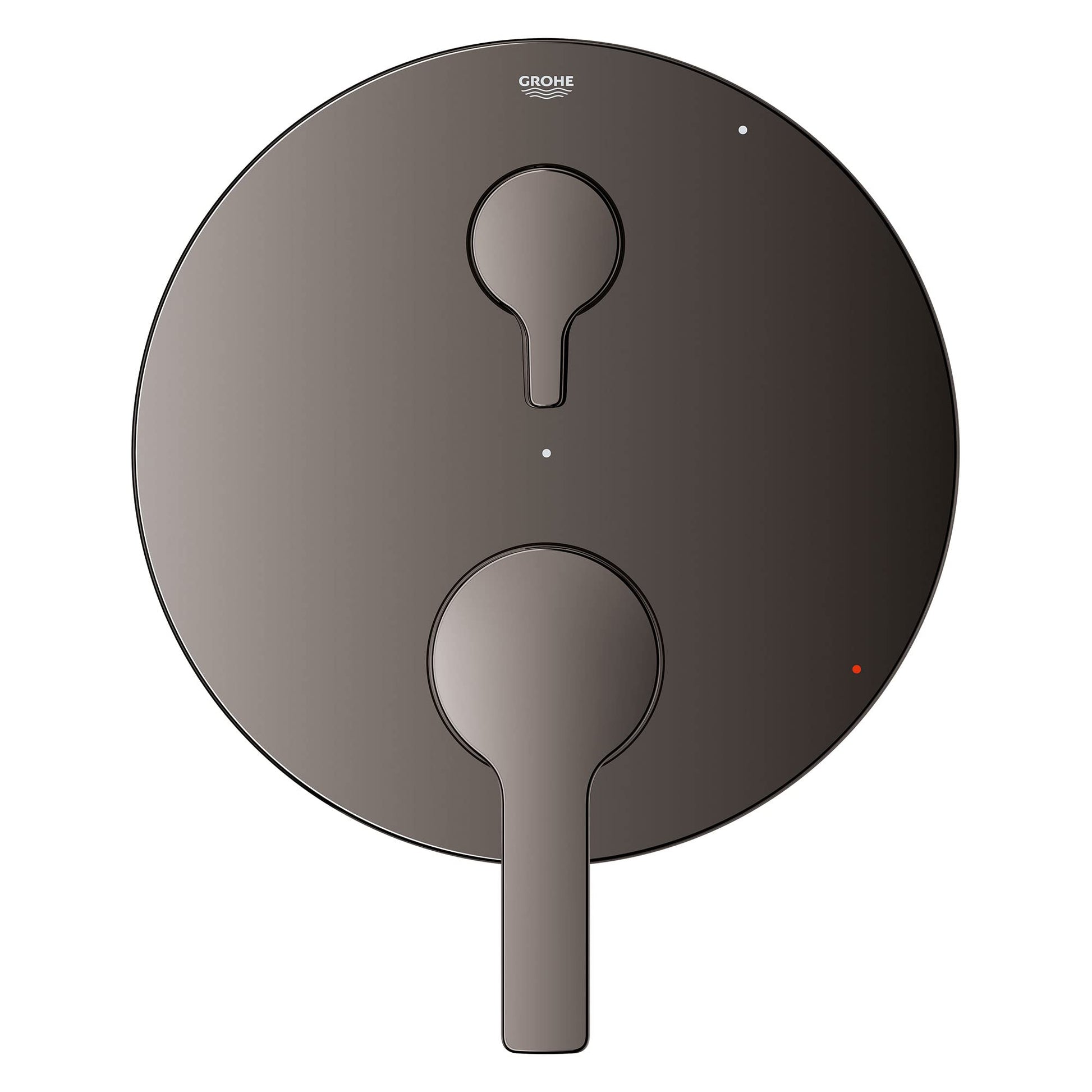 Grohe Lineare pressure balance valve trim with two control handles and diverter in hard graphite finish.