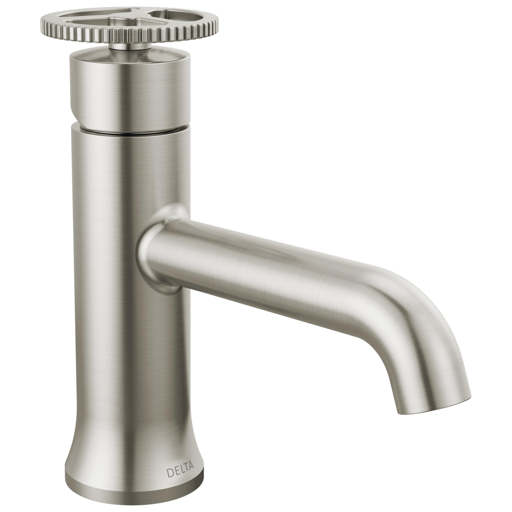 Brushed nickel single-handle bathroom faucet with cylindrical body, curved spout, and ridged wheel handle on top.