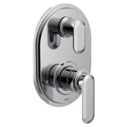 Chrome shower valve trim with two rectangular handles and oval escutcheon plate.