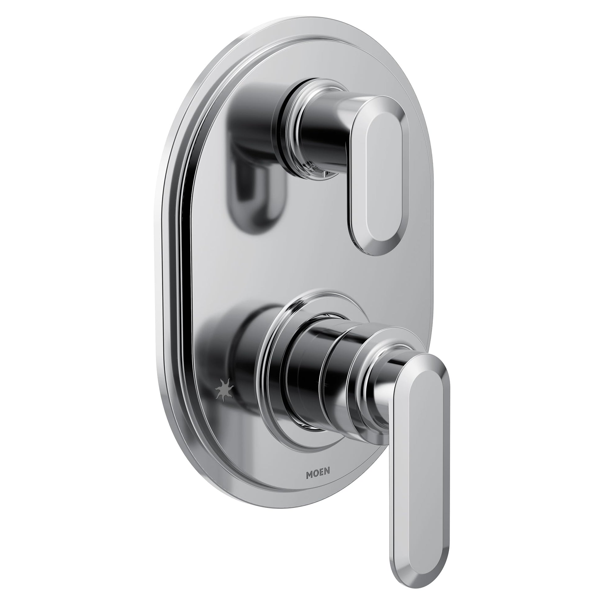 Chrome shower valve trim with two rectangular handles and oval escutcheon plate.
