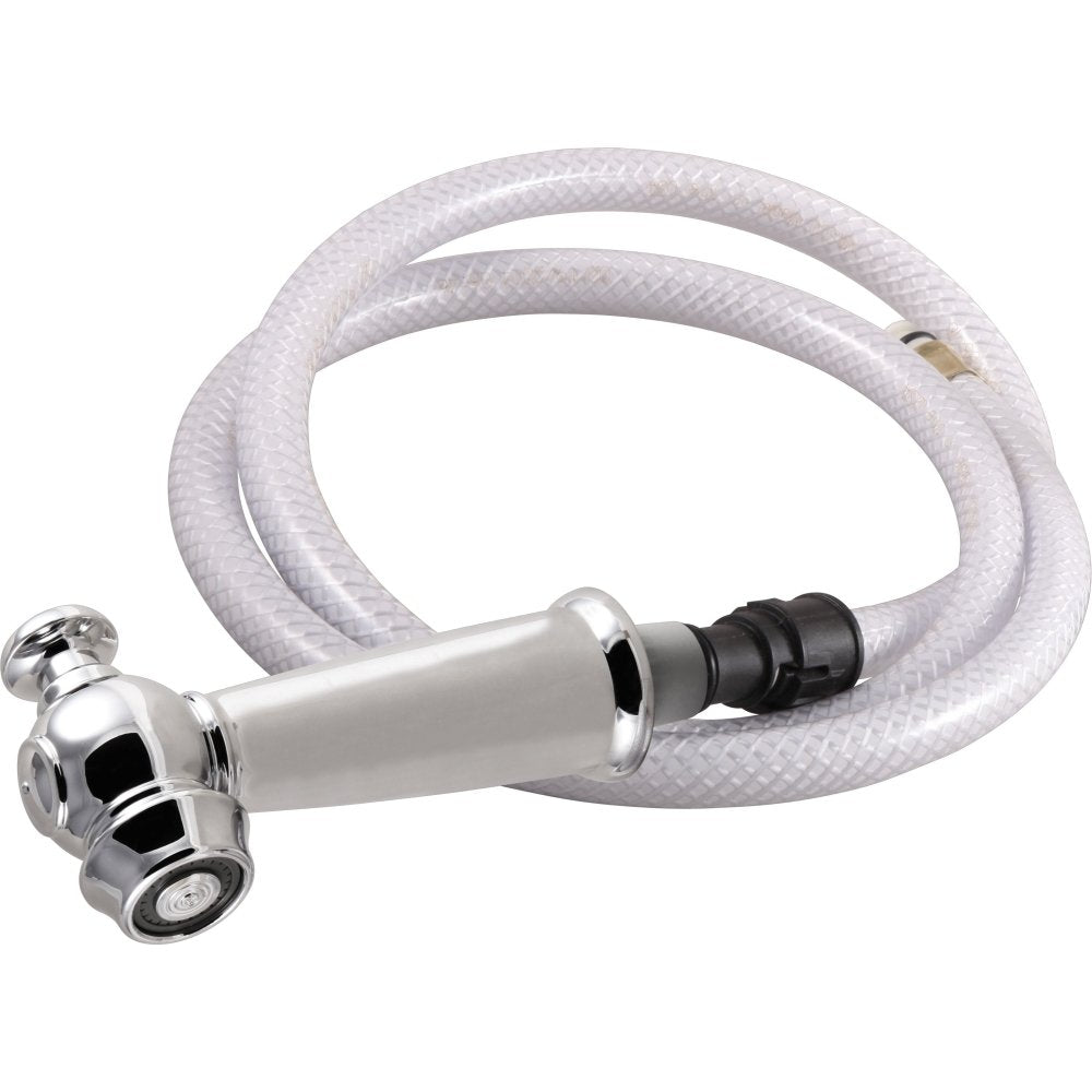Chrome spray head with pull-down hose and white braided tubing, featuring black connector fitting.