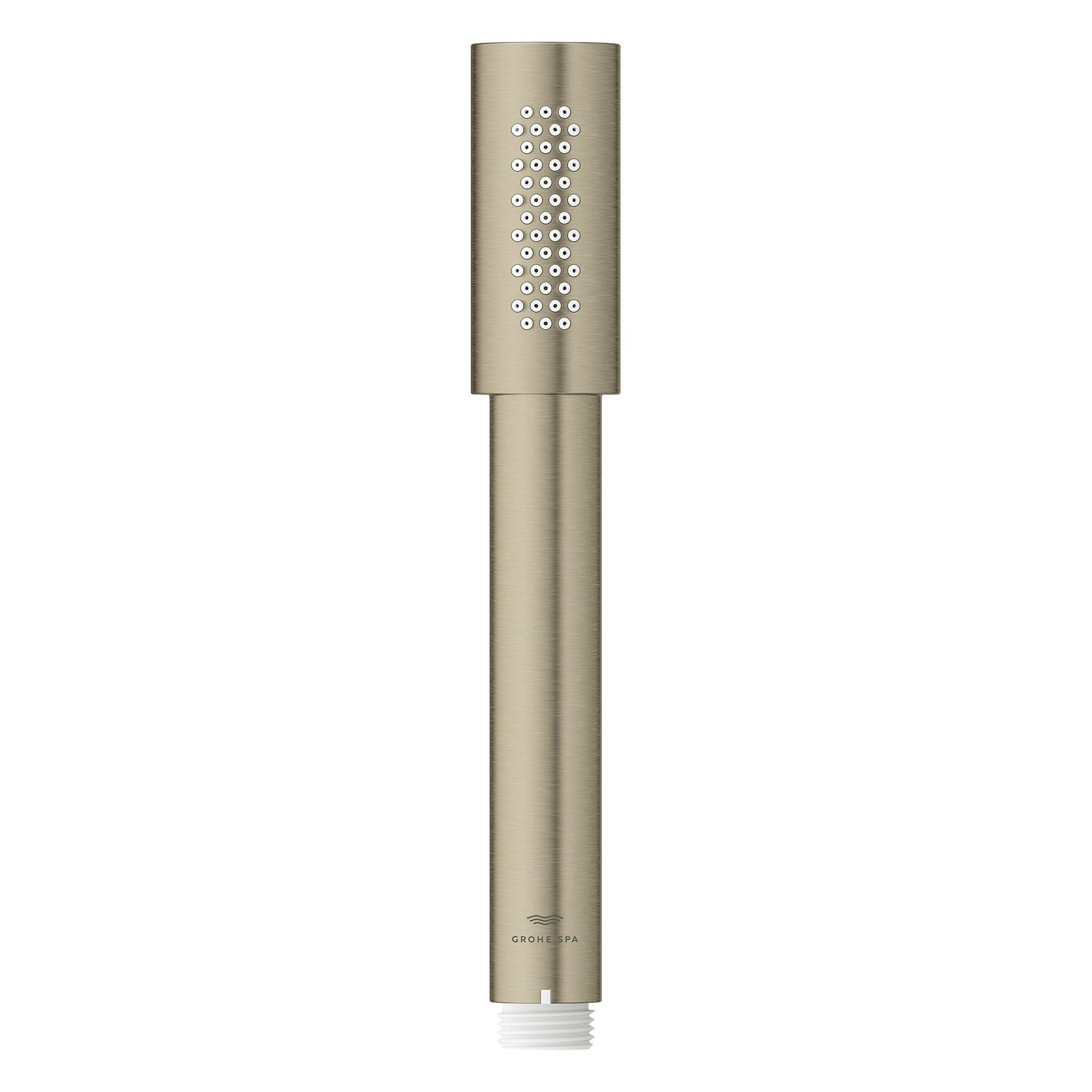 Grohe Sena brushed nickel stick hand shower with cylindrical head featuring multiple spray holes.