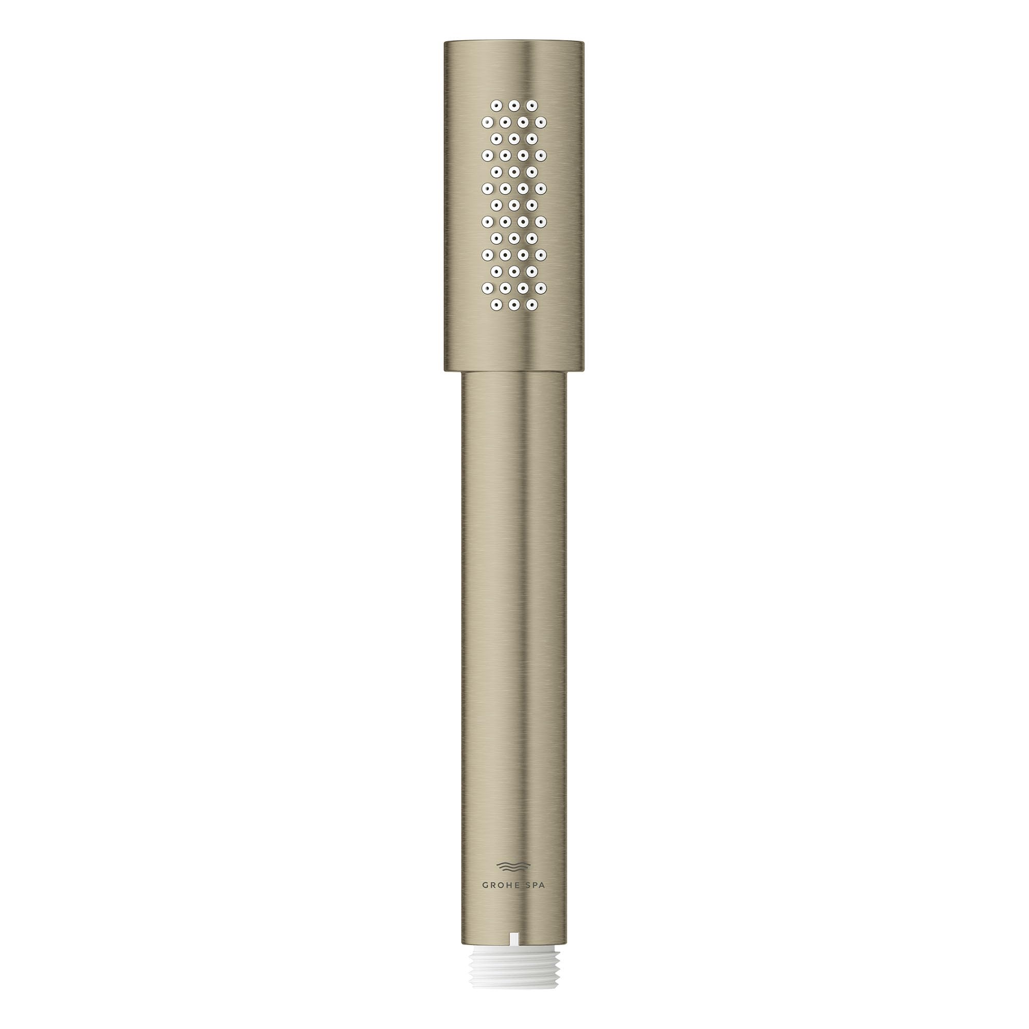 Grohe Sena brushed nickel stick hand shower with cylindrical head featuring multiple spray holes.