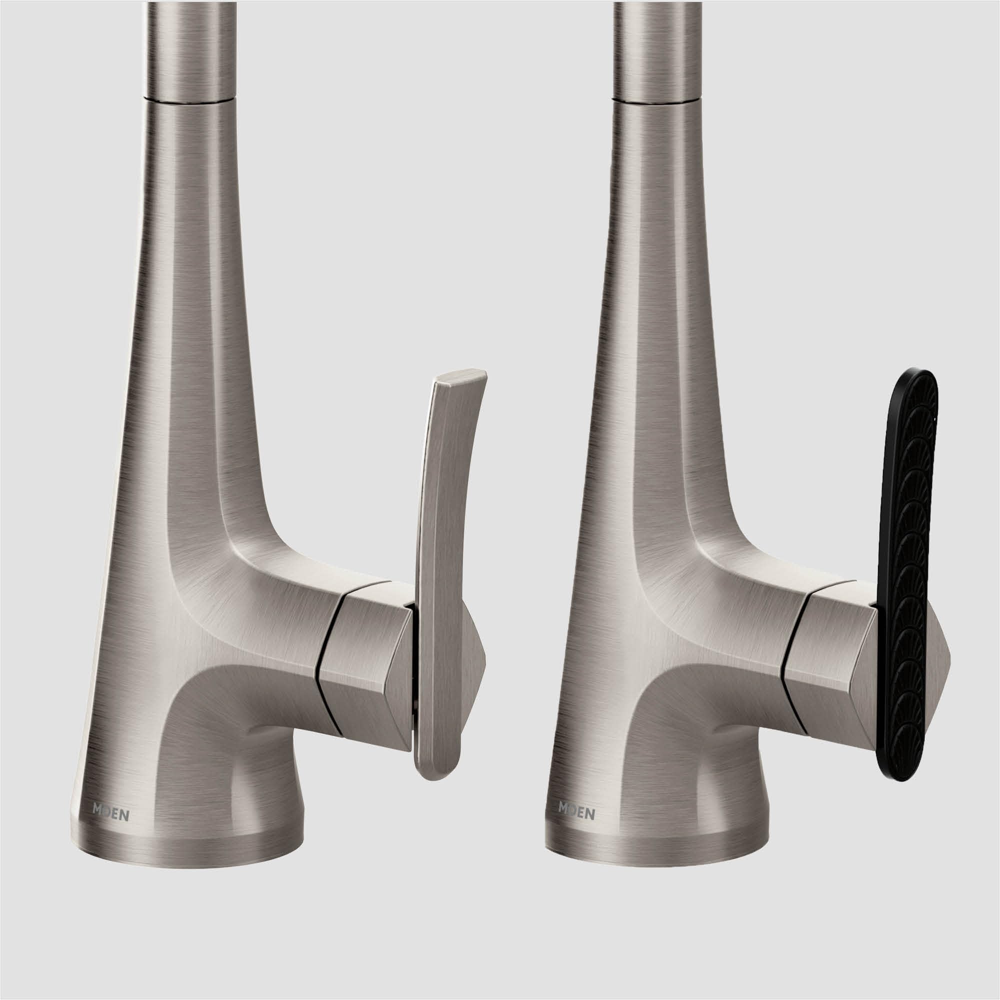 Moen Sinema stainless steel pulldown bar faucet with high arc spout and single handle shown in two positions.