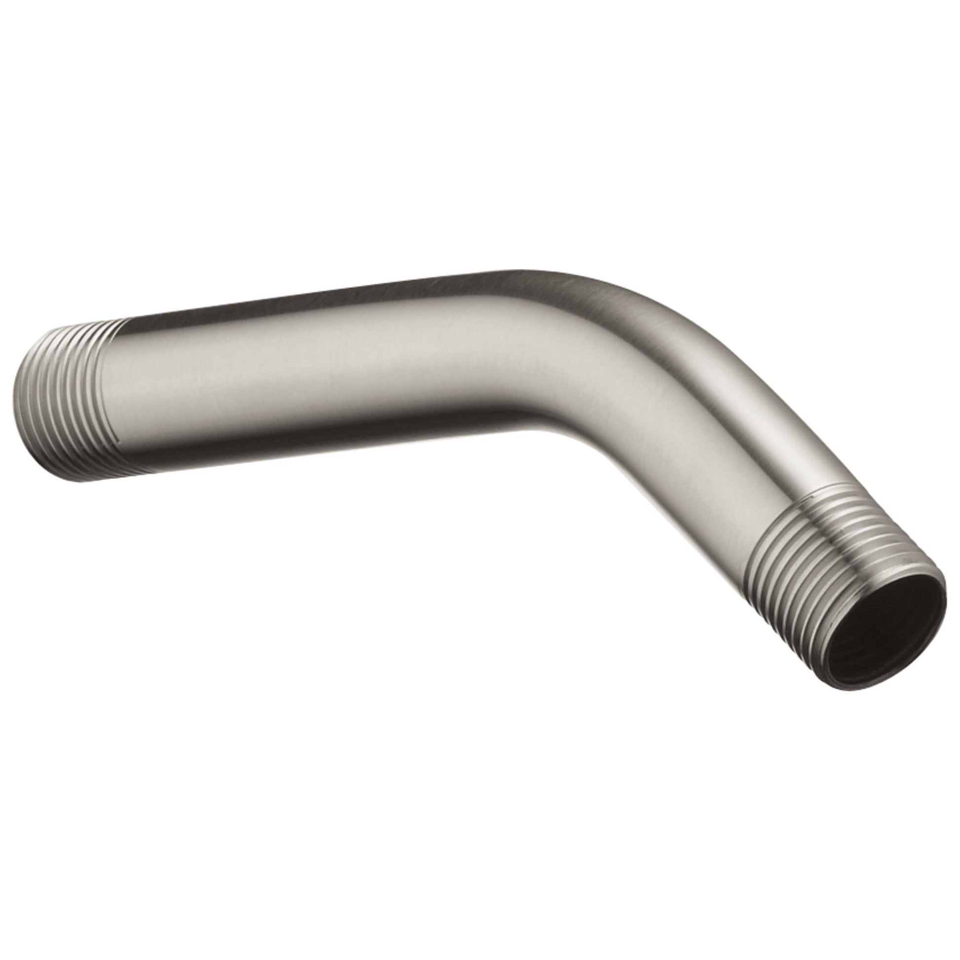 Stainless steel shower arm with threaded connection points at both ends, curved L-shaped design.