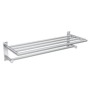 Chrome towel storage shelf with integrated towel bar and wall-mounted brackets.