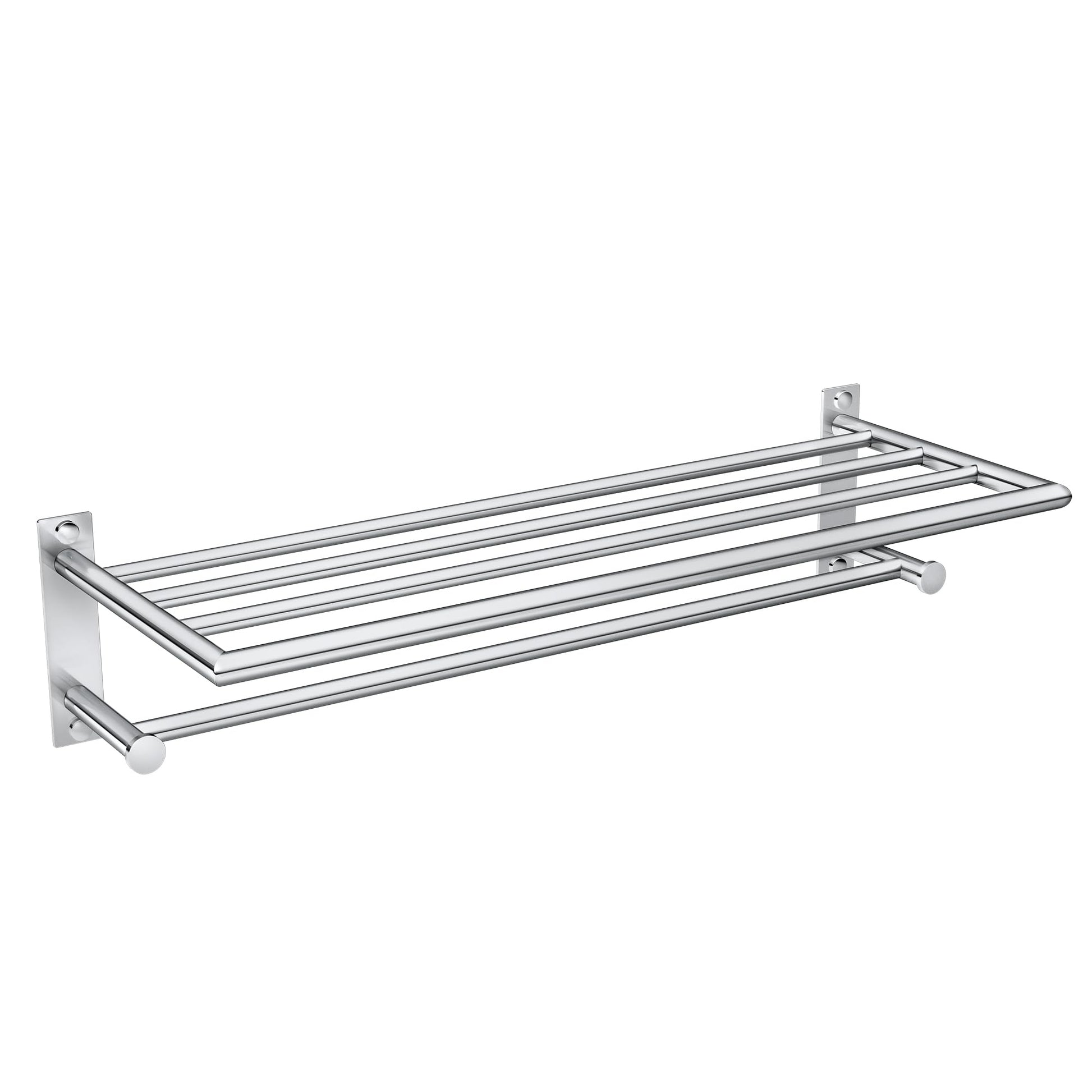 Chrome towel storage shelf with integrated towel bar and wall-mounted brackets.