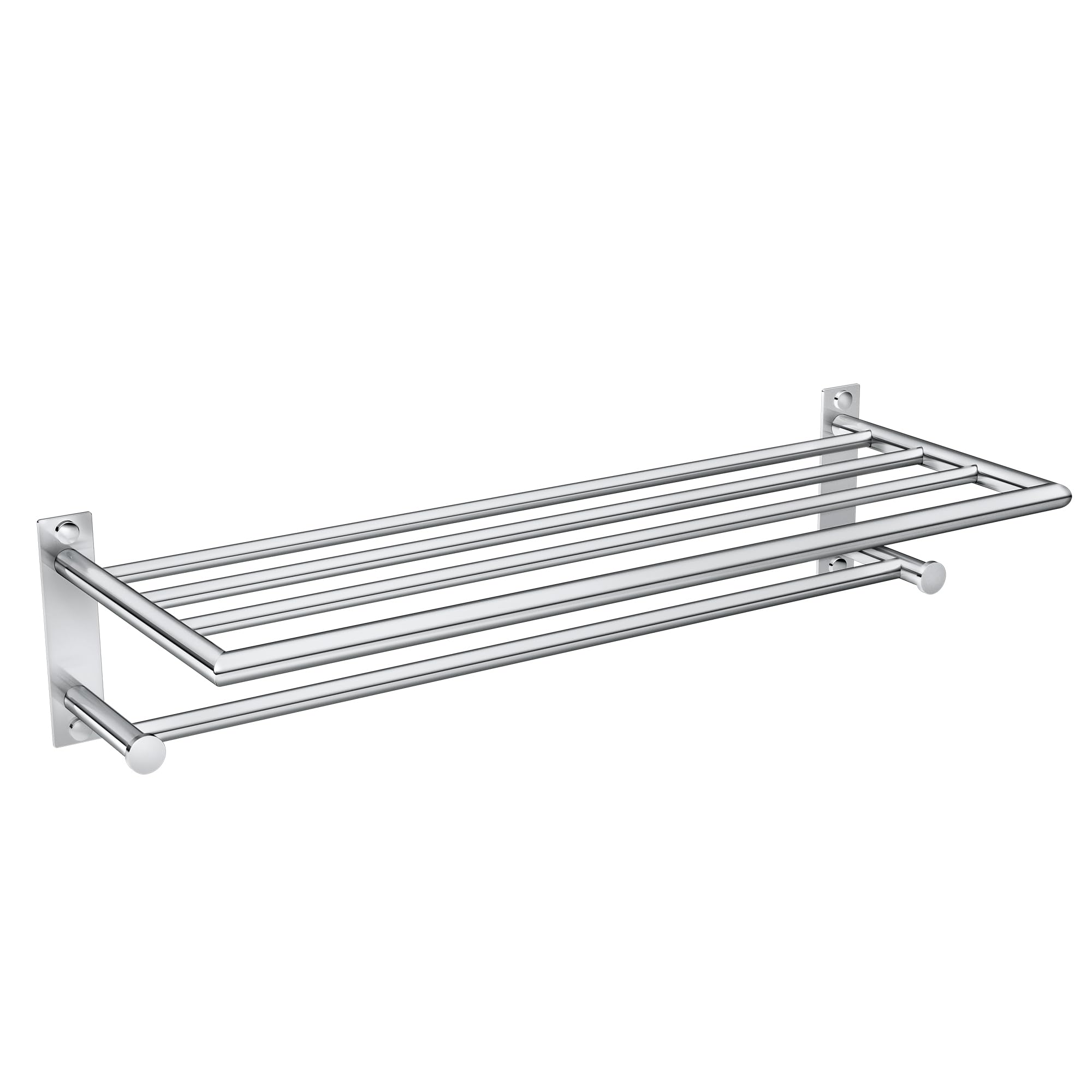 Chrome towel storage shelf with integrated towel bar and wall-mounted brackets.