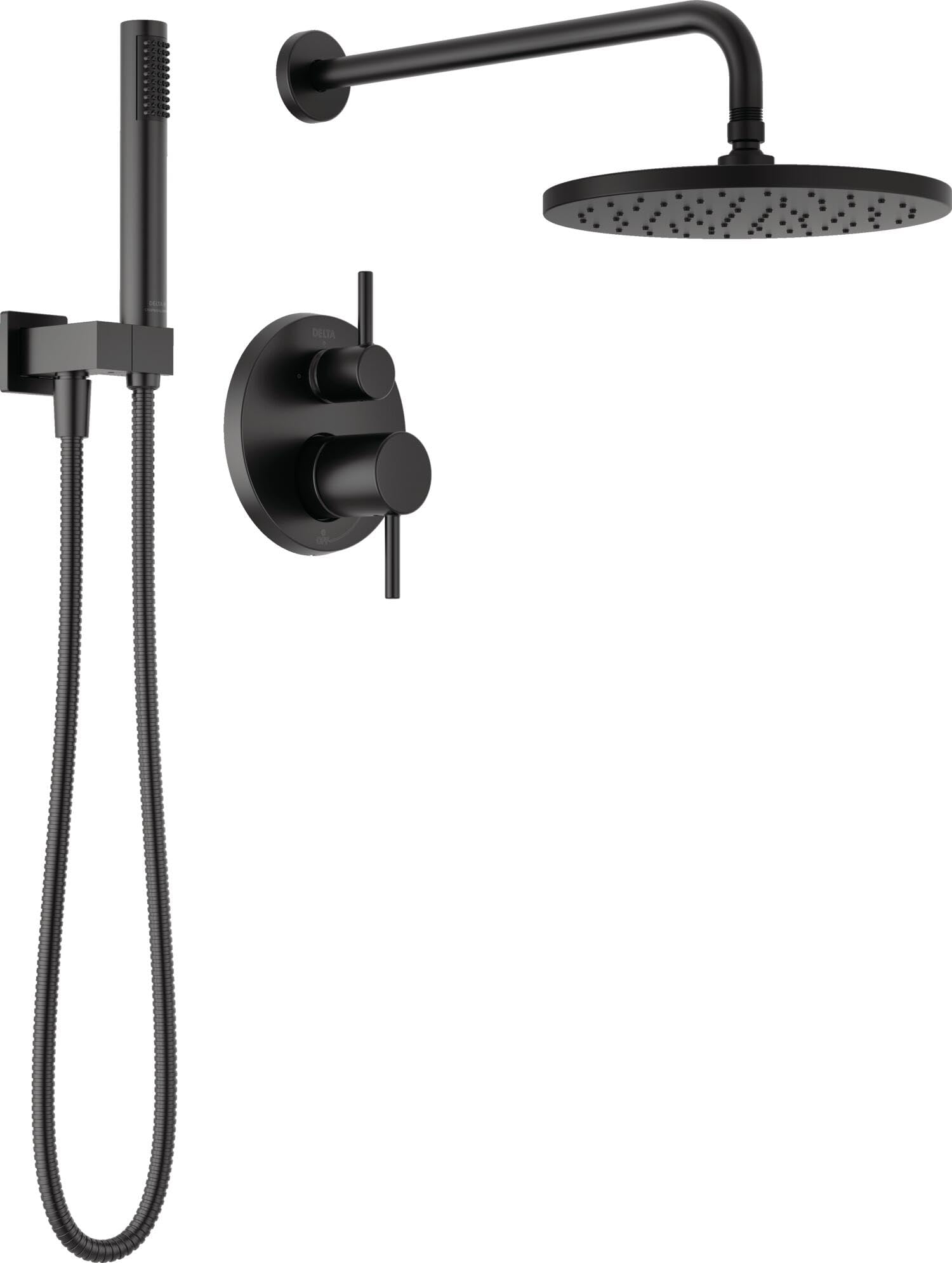 Matte black shower system with wall-mounted raincan showerhead, hand shower wand, and dual-control valve.