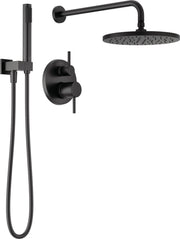 Matte black shower system with wall-mounted raincan showerhead, hand shower wand, and dual-control valve.