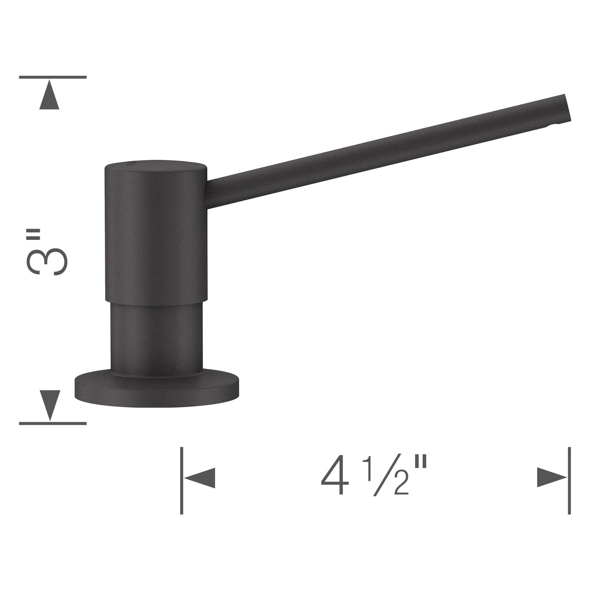 Blanco Torre soap dispenser in cinder finish with cylindrical pump head and angled spout.