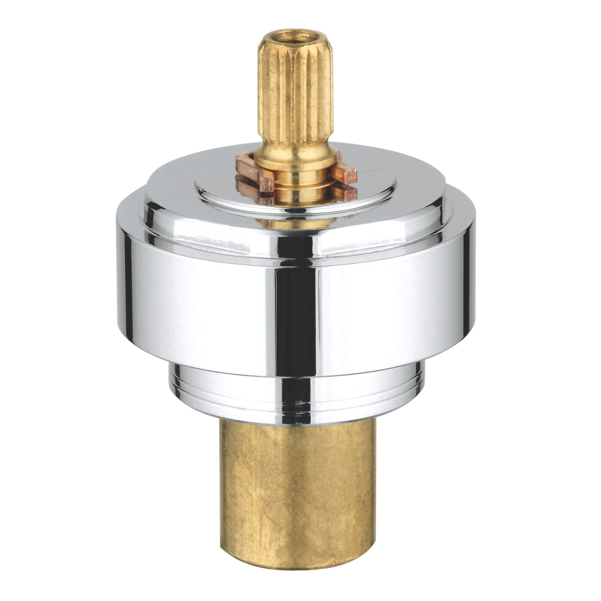 Chrome and brass spindle extension with vertical fluted knob top and cylindrical brass base component.